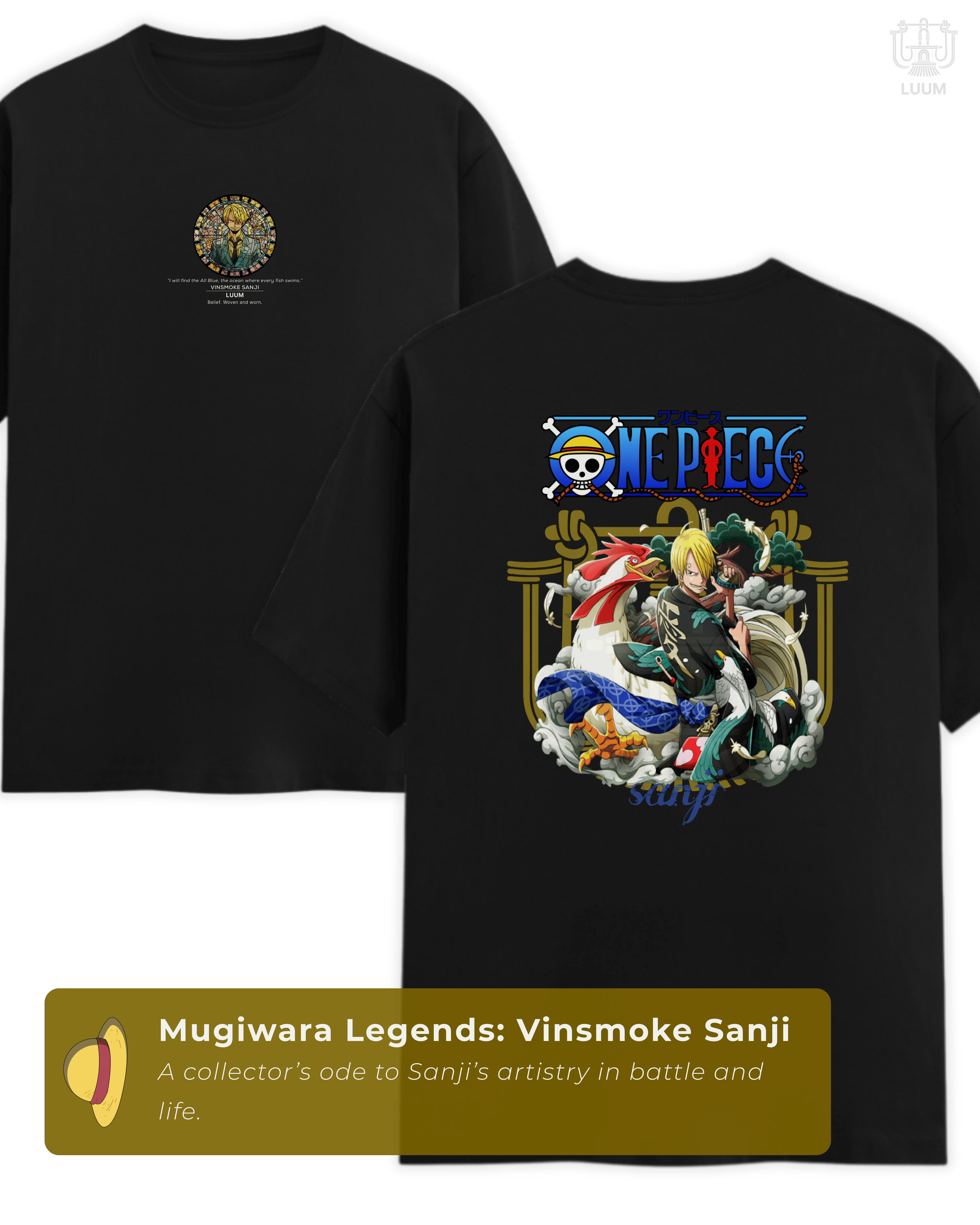 Lifestyle mockup of LUUM’s Vinsmoke Sanji tee from the Mugiwara Legends collection, styled in black for cinematic appeal. Part of DailyPrints Collection. Belief. Woven and Worn.