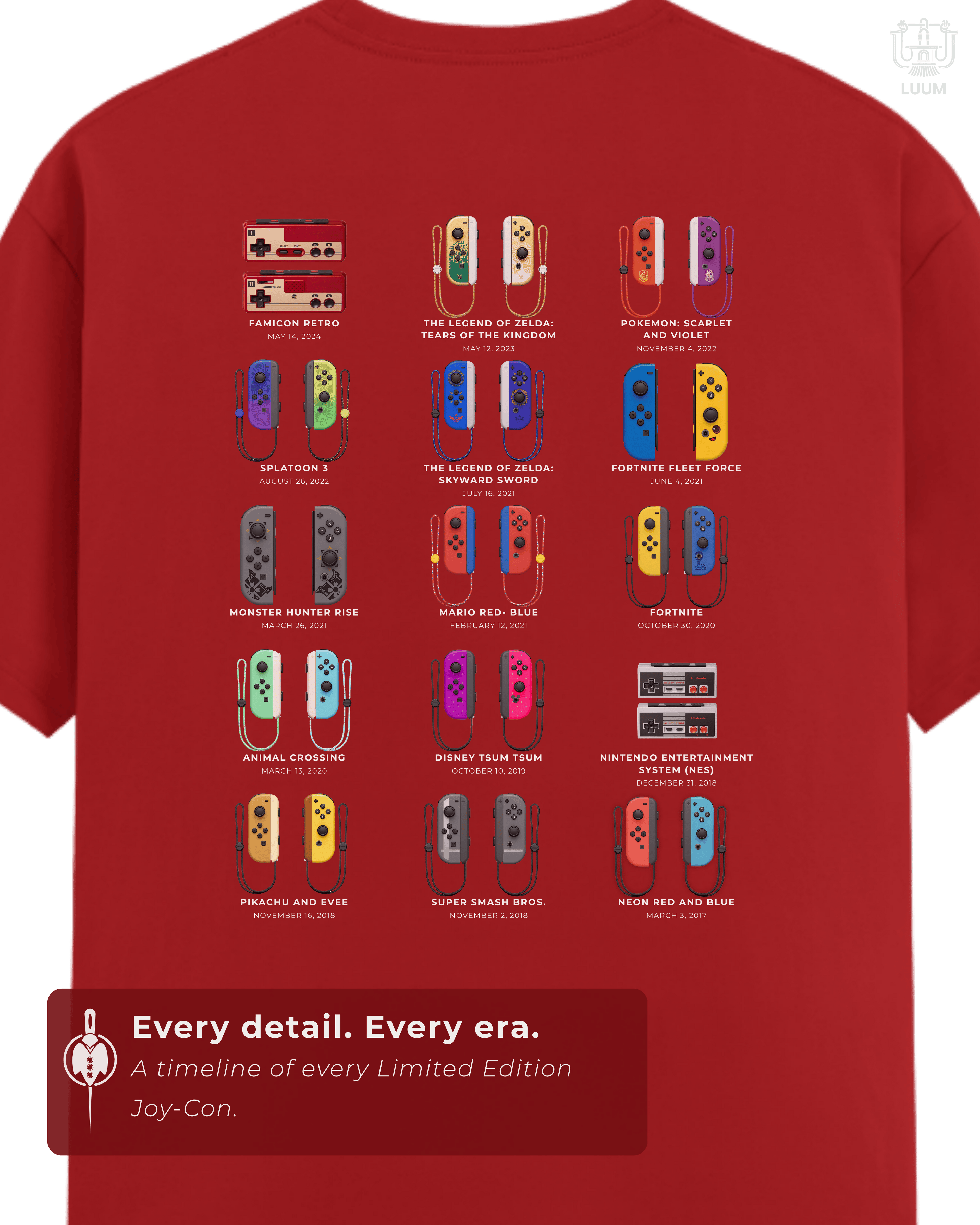 LUUM's Detailed view of back graphic featuring all Limited Edition Joy-Con releases in timeline format. Part of DailyPrints Collection. Belief. Woven and Worn.
