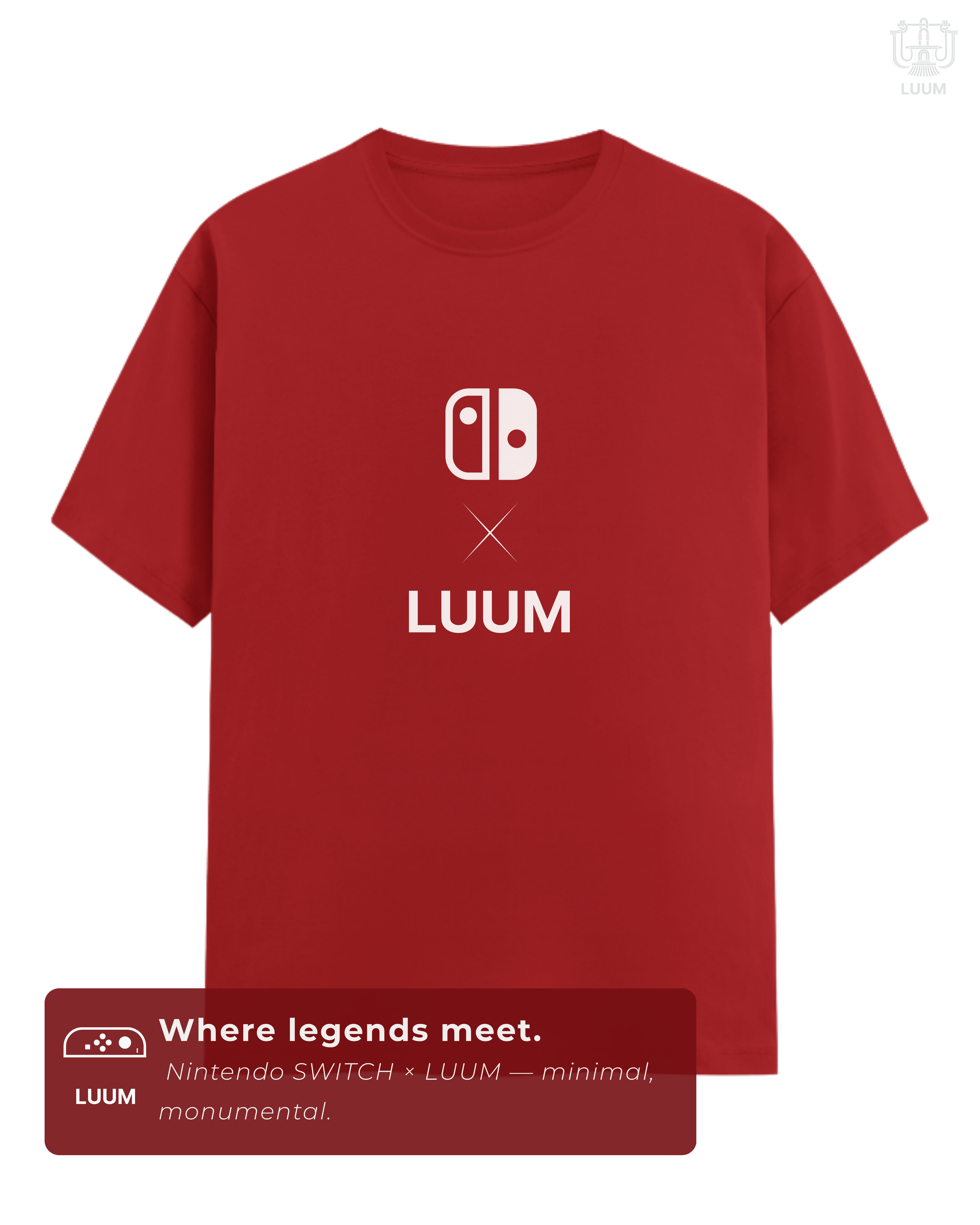 Minimalist front design of the Nintendo Switch × LUUM tee with clean logo layout. Part of DailyPrints Collection. Belief. Woven and Worn.