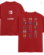 Front-closeup of red LUUM × Nintendo Switch t-shirt featuring minimal logo design. Part of DailyPrints Collection. Belief. Woven and Worn.