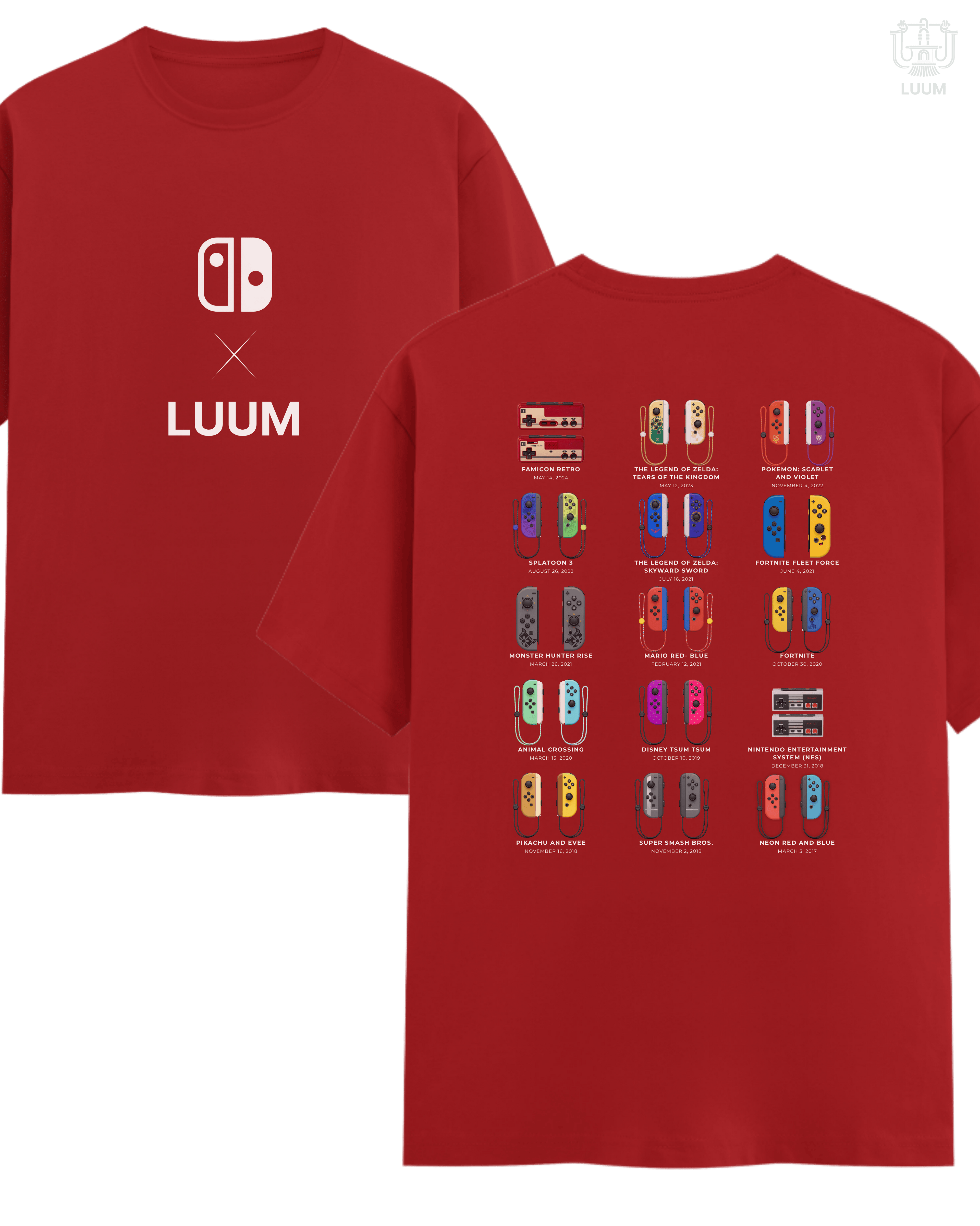 Front-closeup of red LUUM × Nintendo Switch t-shirt featuring minimal logo design. Part of DailyPrints Collection. Belief. Woven and Worn.