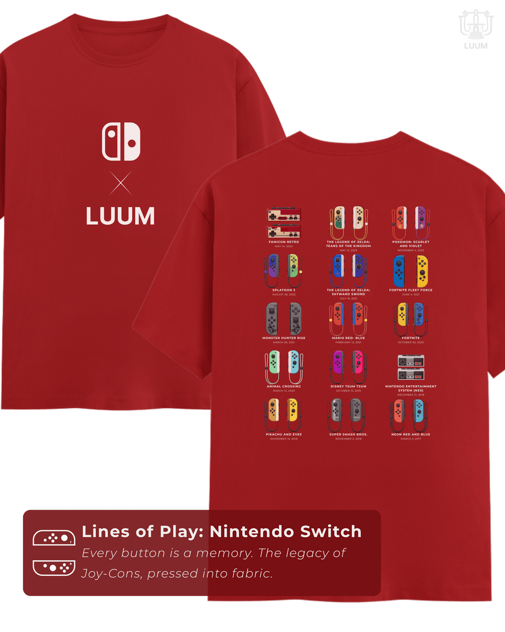 Front and back view of LUUM’s Nintendo Switch tee showing Joy-Con timeline graphic. Part of DailyPrints Collection. Belief. Woven and Worn.