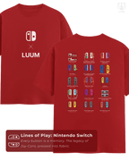 Front and back view of LUUM’s Nintendo Switch tee showing Joy-Con timeline graphic. Part of DailyPrints Collection. Belief. Woven and Worn.