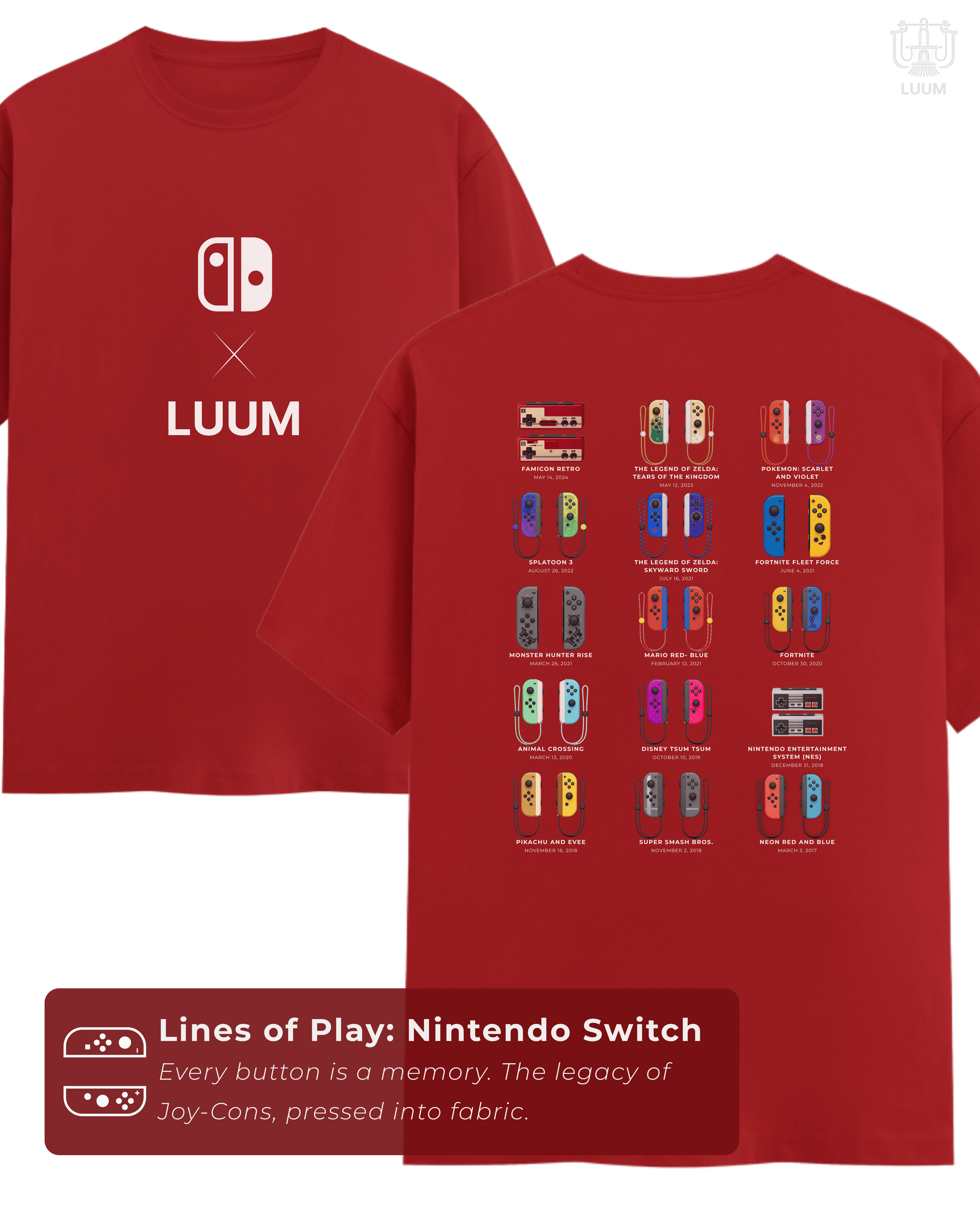 Front and back view of LUUM’s Nintendo Switch tee showing Joy-Con timeline graphic. Part of DailyPrints Collection. Belief. Woven and Worn.
