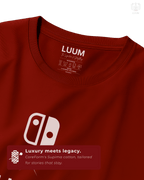 Fabric close-up of the LUUM Nintendo Switch tee showing premium Supima cotton texture and tag detailing. Part of DailyPrints Collection. Belief. Woven and Worn.