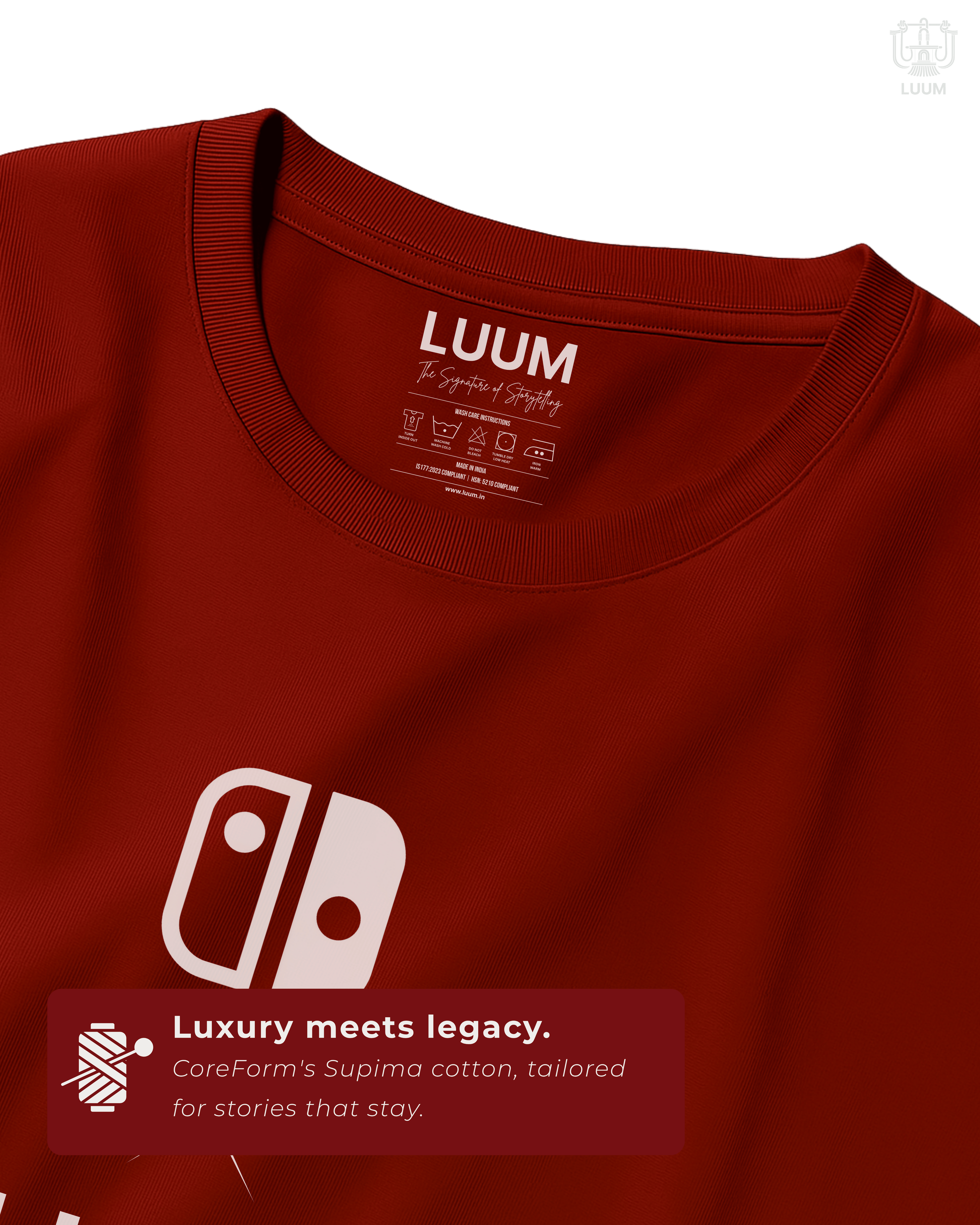 Fabric close-up of the LUUM Nintendo Switch tee showing premium Supima cotton texture and tag detailing. Part of DailyPrints Collection. Belief. Woven and Worn.