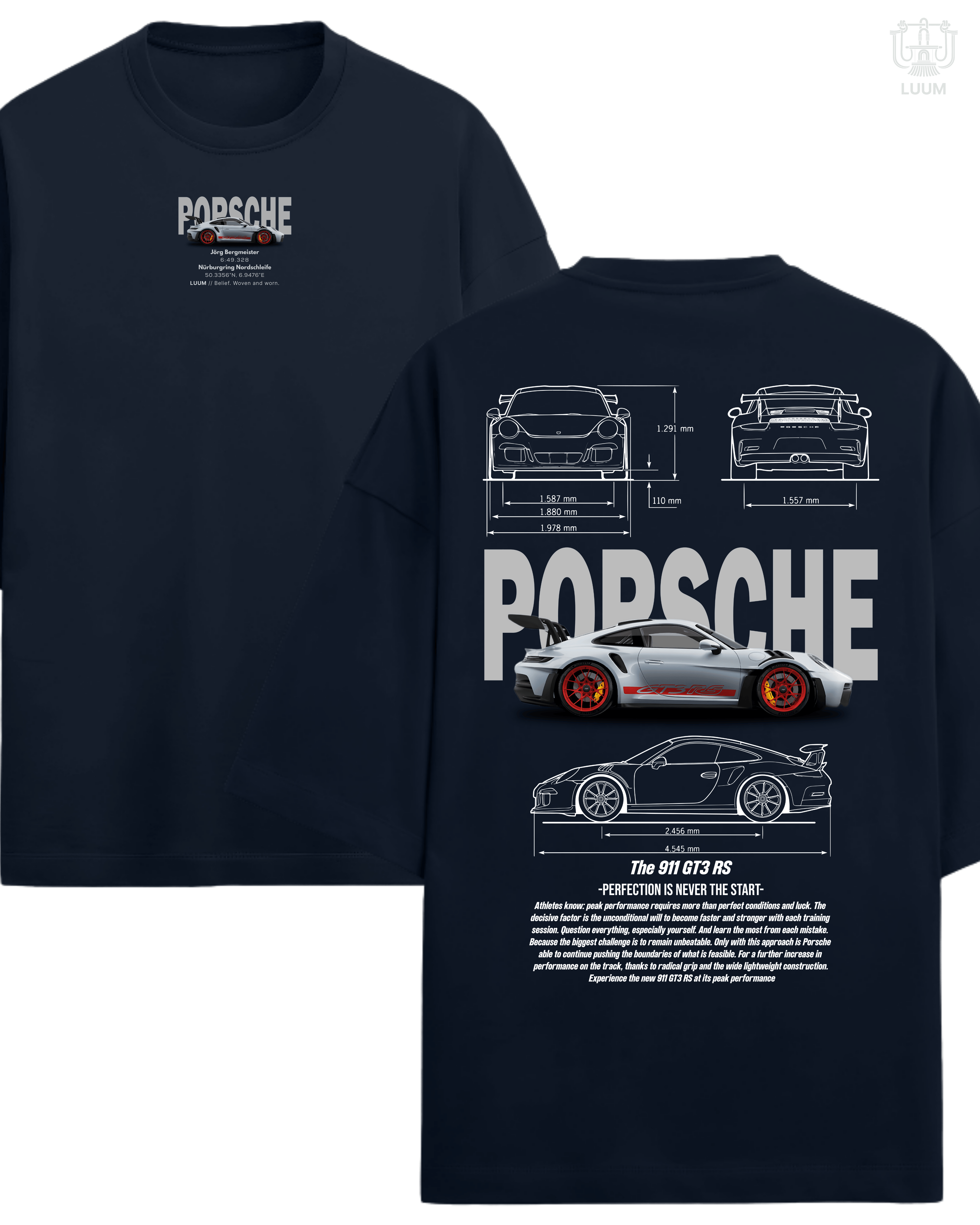 Oversized LUUM Porsche 911 GT3 RS tee in Navy Blue, crafted in 260 GSM French Terry cotton for bold streetwear appeal.