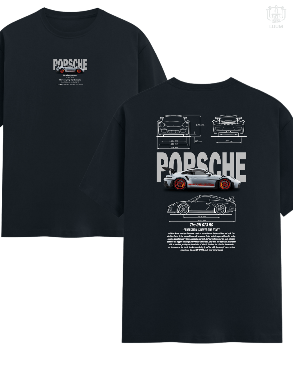 Regular fit LUUM Porsche 911 GT3 RS tee in Navy Blue, made from 180 GSM Supima cotton for comfort and durability. Part of DailyPrints Collection. Belief. Woven and Worn.