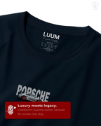LUUM Porsche GT3 RS tee detail shot highlighting Supima cotton texture and CoreForm craftsmanship with printed Porsche front graphic. Part of DailyPrints Collection. Belief. Woven and Worn.