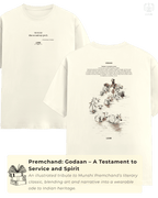 Off white Supima cotton LUUM t-shirt featuring Premchand’s Godaan tribute, front quote and illustrated back design. Part of DailyPrints Collection. Belief. Woven and Worn.