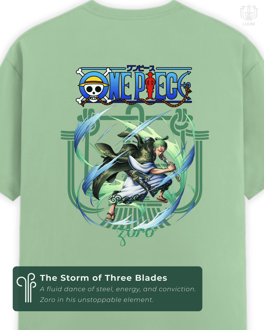 Detailed view of the back of the LUUM Mugiwara Legends: Roronoa Zoro t-shirt in Jade, with One Piece logo and Zoro in motion with three swords. Part of DailyPrints Collection. Belief. Woven and Worn.