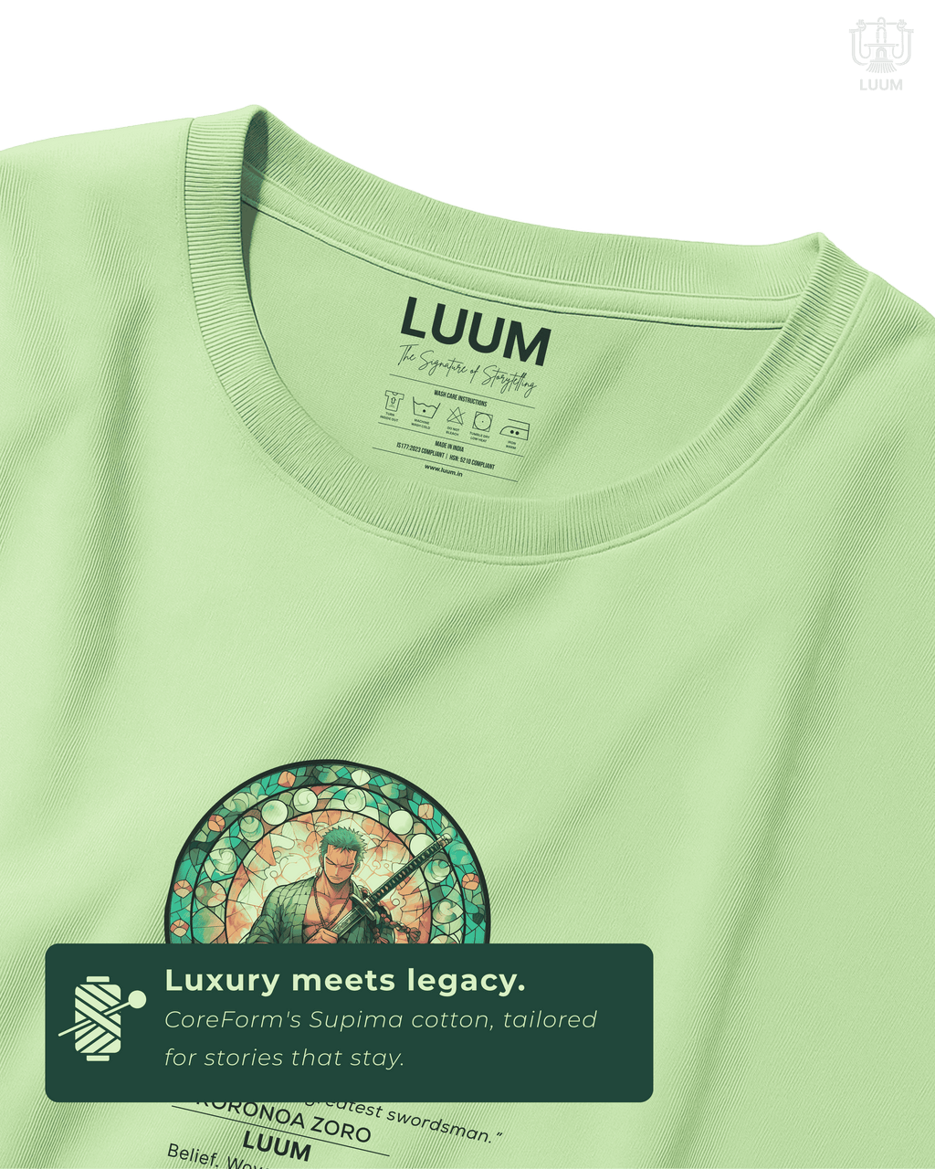 Close-up detail of the LUUM Mugiwara Legends: Roronoa Zoro t-shirt, highlighting SUPIMA Cotton texture and precise design print quality. Part of DailyPrints Collection. Belief. Woven and Worn.