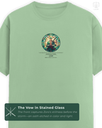 Close view of the LUUM Mugiwara Legends: Roronoa Zoro t-shirt front, featuring stained-glass style artwork with vow quote and LUUM ethos. Part of DailyPrints Collection. Belief. Woven and Worn.
