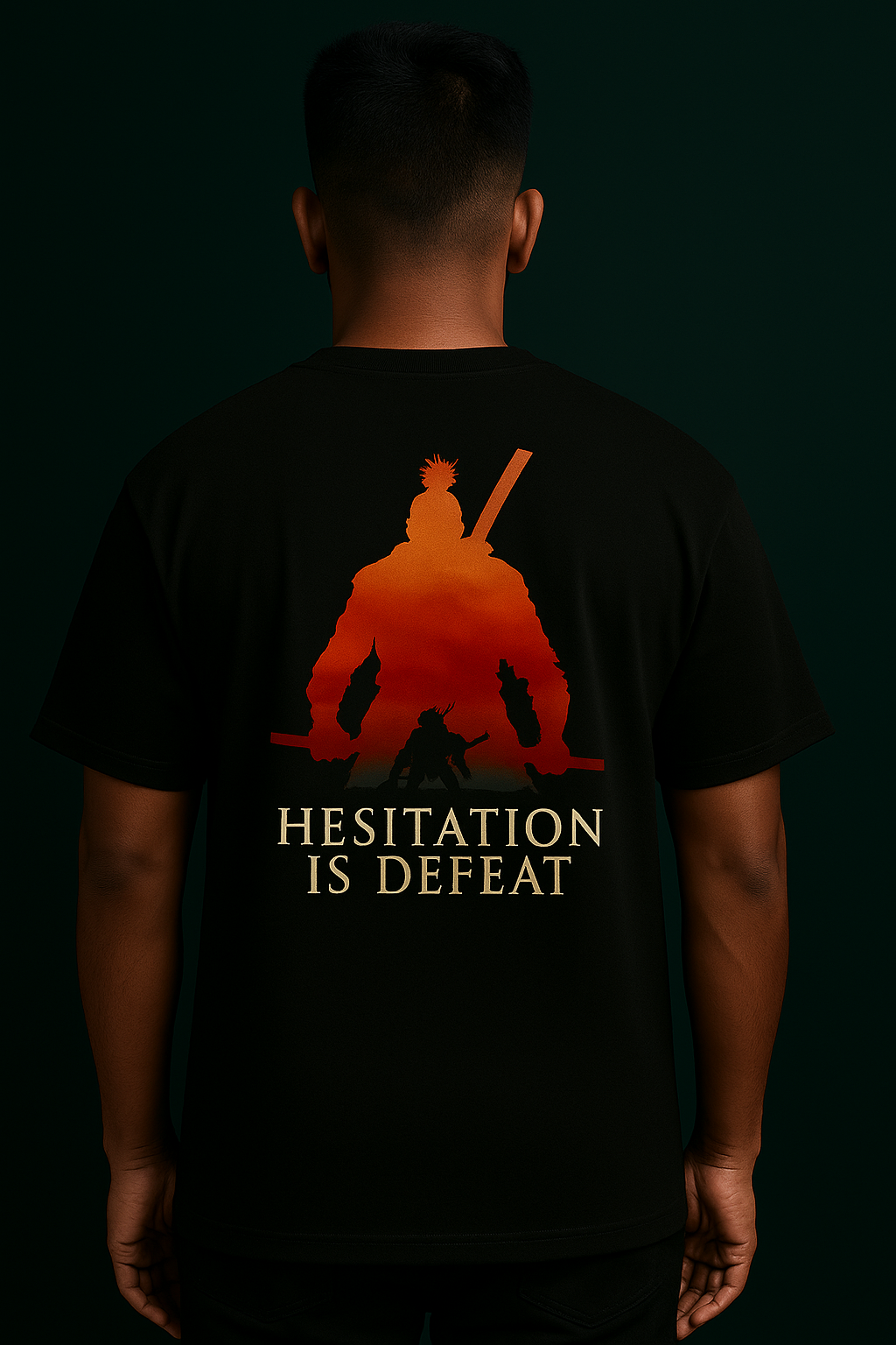 LUUM's Black oversized t-shirt featuring a red-orange silhouette of a kneeling samurai with the quote “Hesitation is Defeat” printed below. Part of DailyPrints Collection. Belief. Woven and Worn.