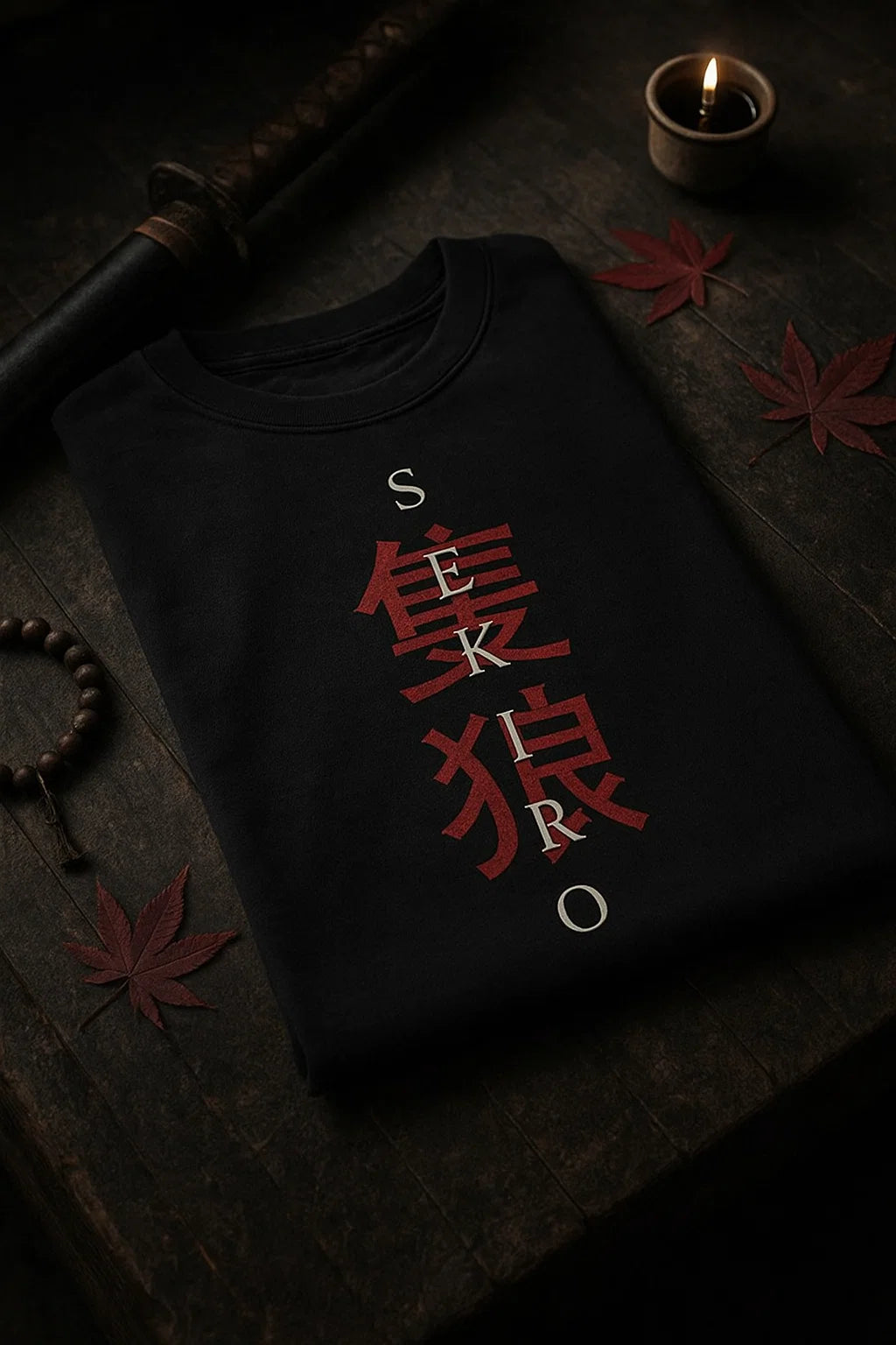 LUUM's Folded black t-shirt with vertical SEKIRO design, placed on dark wooden surface with katana, prayer beads, and red maple leaves. Part of DailyPrints Collection. Belief. Woven and Worn.