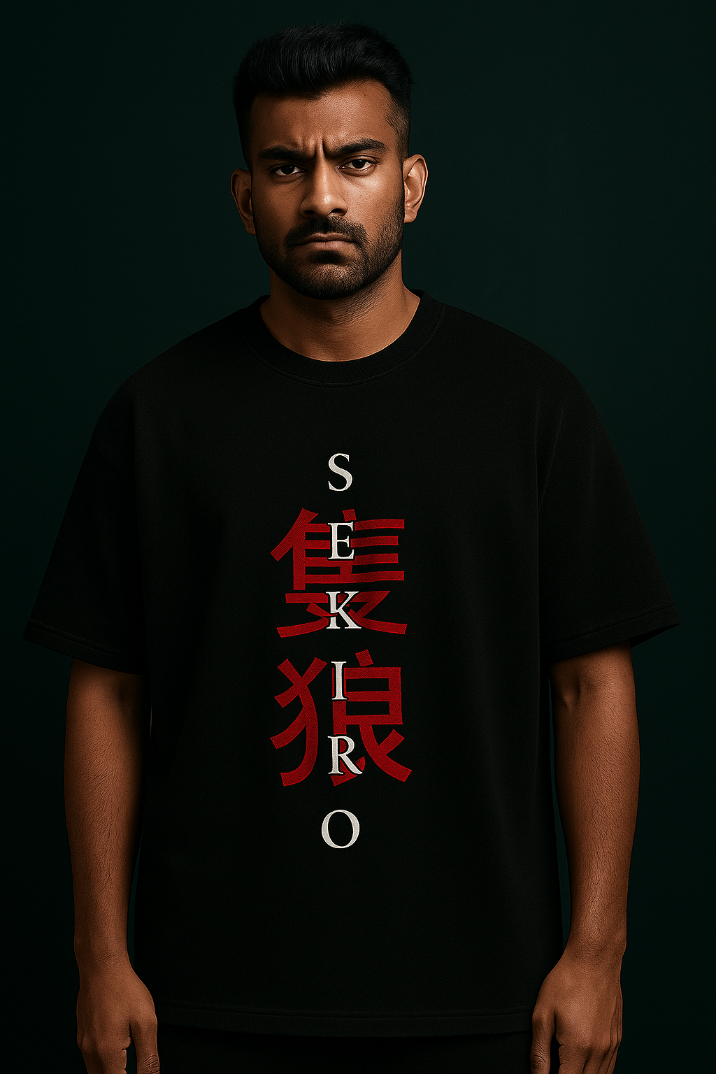 LUUM Black oversized t-shirt with vertical SEKIRO lettering and bold red Kanji design, worn by model. Part of DailyPrints Collection. Belief. Woven and Worn.