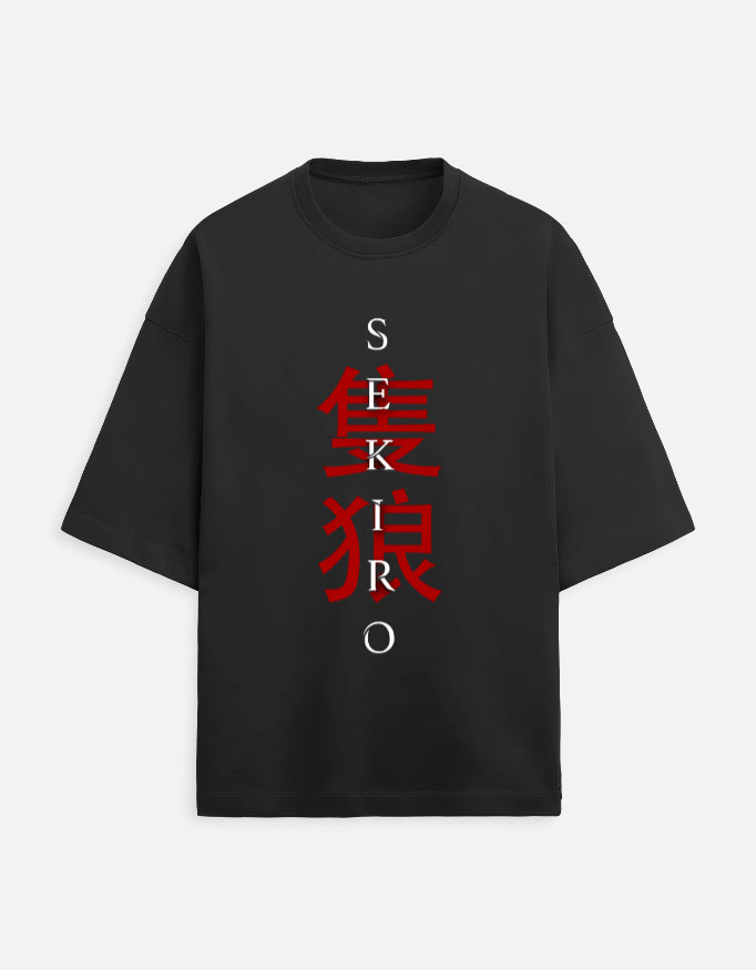 LUUM's French Terry oversized black t-shirt with SEKIRO front design and Hesitation is Defeat back print. Part of DailyPrints Collection. Belief. Woven and Worn.