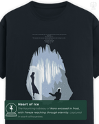 Front design of the LUUM Shadows & Silhouettes: Mister Freeze t-shirt featuring the icy silhouette of Nora and Mister Freeze in Gotham’s Heart of Ice. Part of DailyPrints Collection. Belief. Woven and Worn.