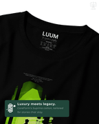 Close-up detail of LUUM Ra’s al Ghul T-shirt print and Supima fabric texture. Part of DailyPrints Collection. Belief. Woven and Worn.
