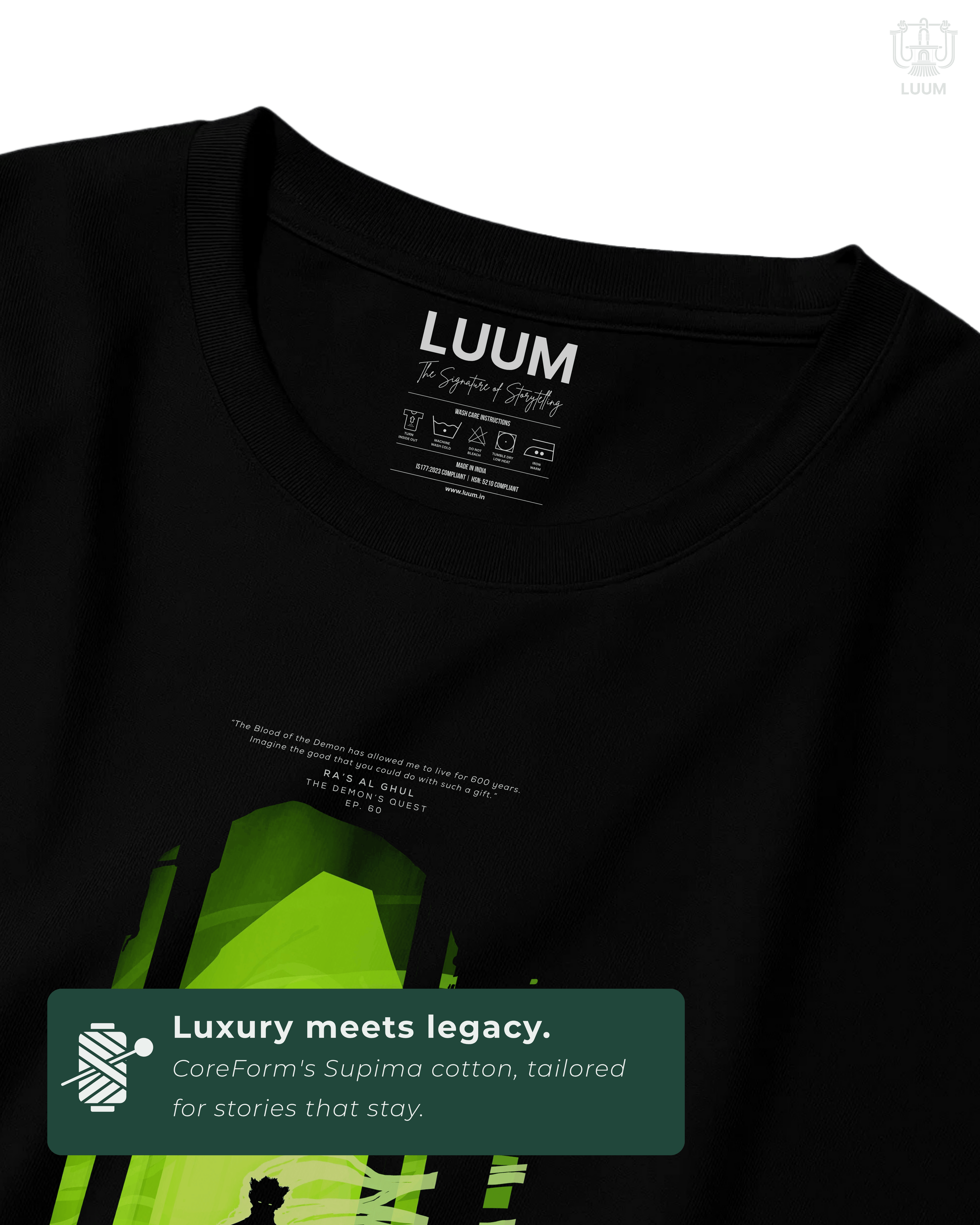 Close-up detail of LUUM Ra’s al Ghul T-shirt print and Supima fabric texture. Part of DailyPrints Collection. Belief. Woven and Worn.