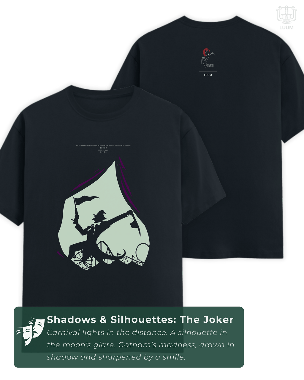Navy blue LUUM Joker t-shirt from Shadows & Silhouettes collection, featuring cinematic design inspired by Batman: The Animated Series. Part of DailyPrints Collection. Belief. Woven and Worn.