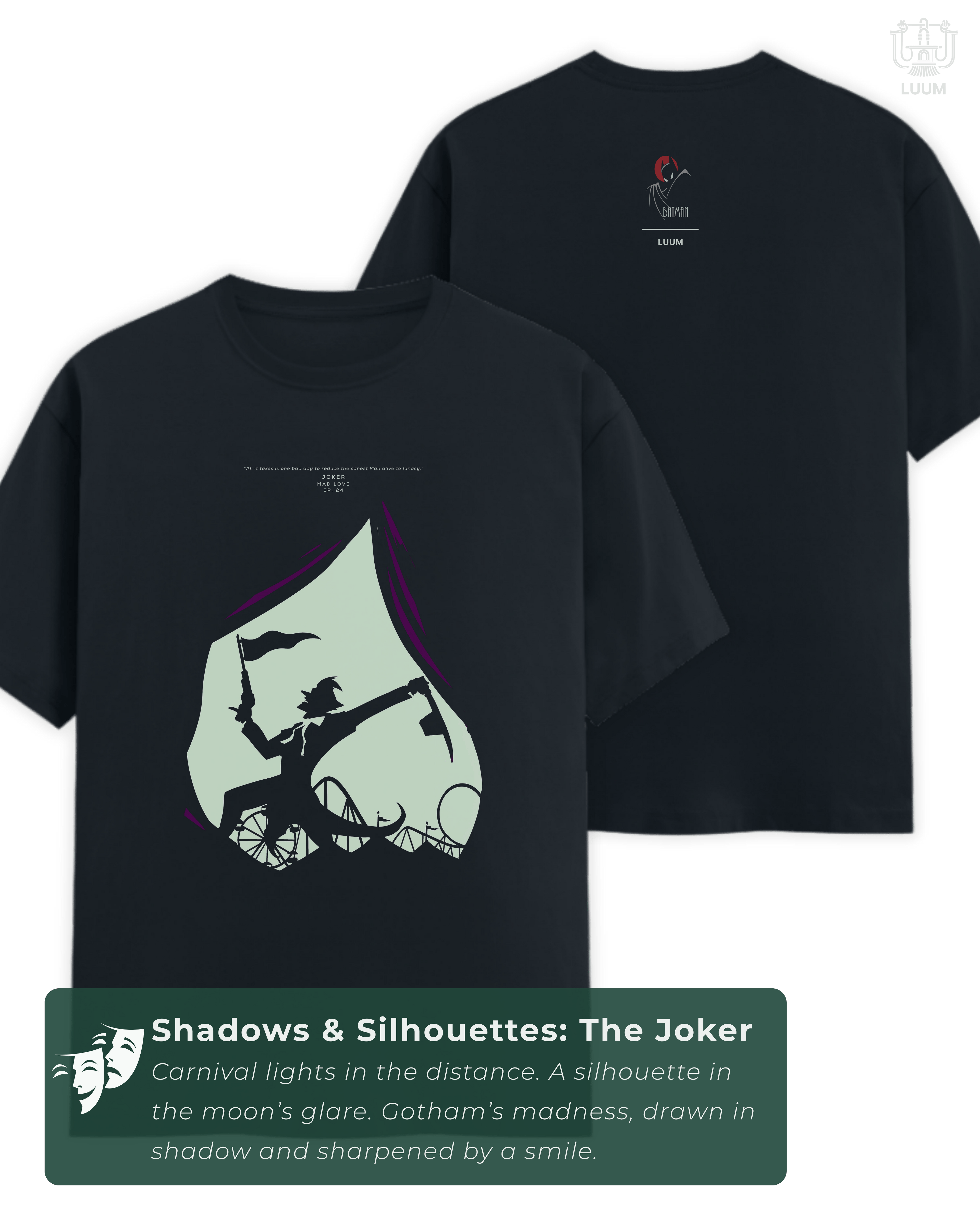 Navy blue LUUM Joker t-shirt from Shadows & Silhouettes collection, featuring cinematic design inspired by Batman: The Animated Series. Part of DailyPrints Collection. Belief. Woven and Worn.