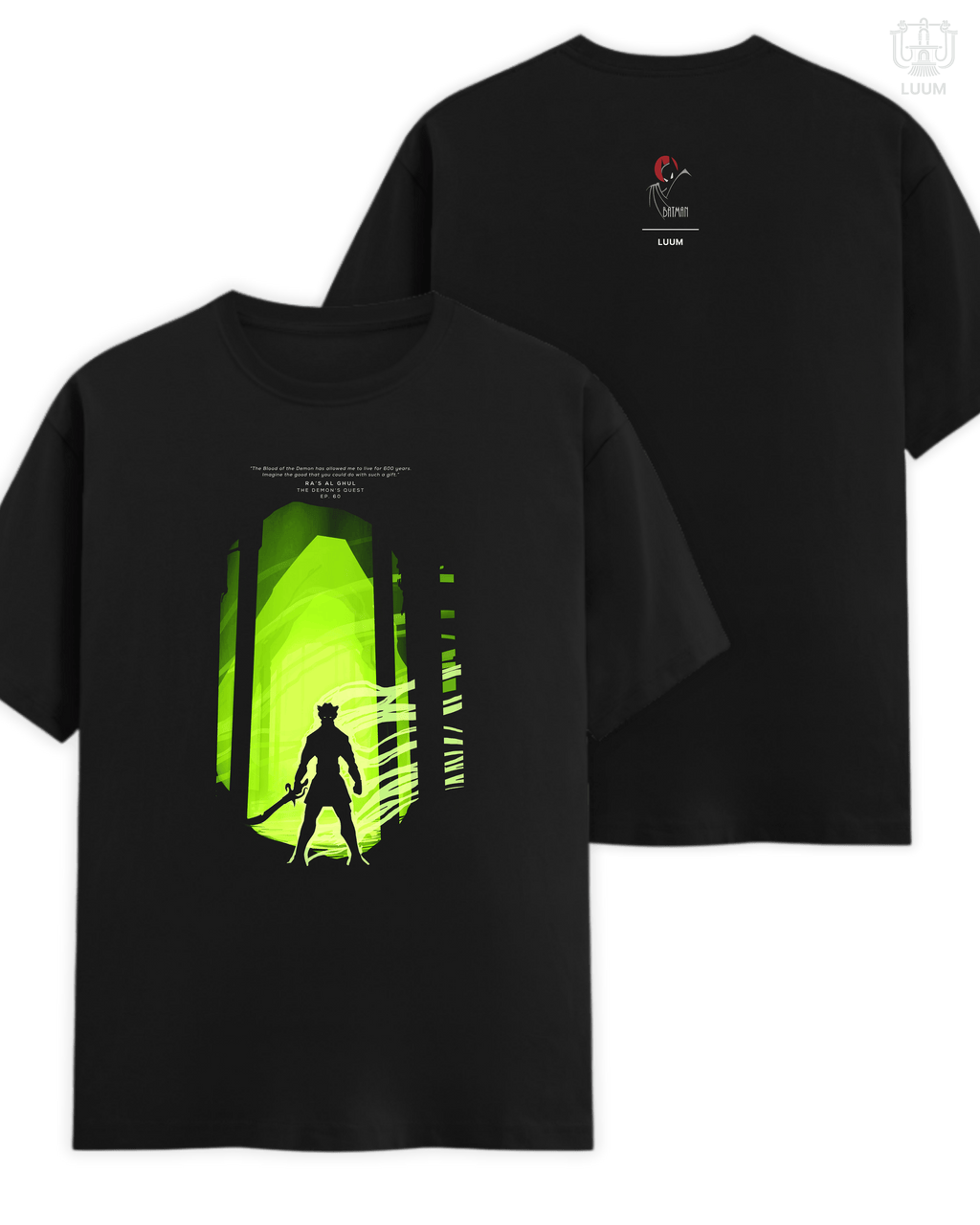 Regular fit 180 GSM Supima cotton LUUM Ra’s al Ghul T-shirt in black. Part of DailyPrints Collection. Belief. Woven and Worn.