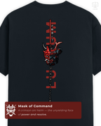 Back artwork of LUUM Shogun t-shirt featuring crimson oni mask graphic, symbol of strength and resolve. Part of DailyPrints Collection. Belief. Woven and Worn.