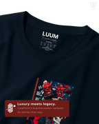 Close-up texture detail of LUUM Shogun tee showing precision print and cotton weave. Part of DailyPrints Collection. Belief. Woven and Worn.