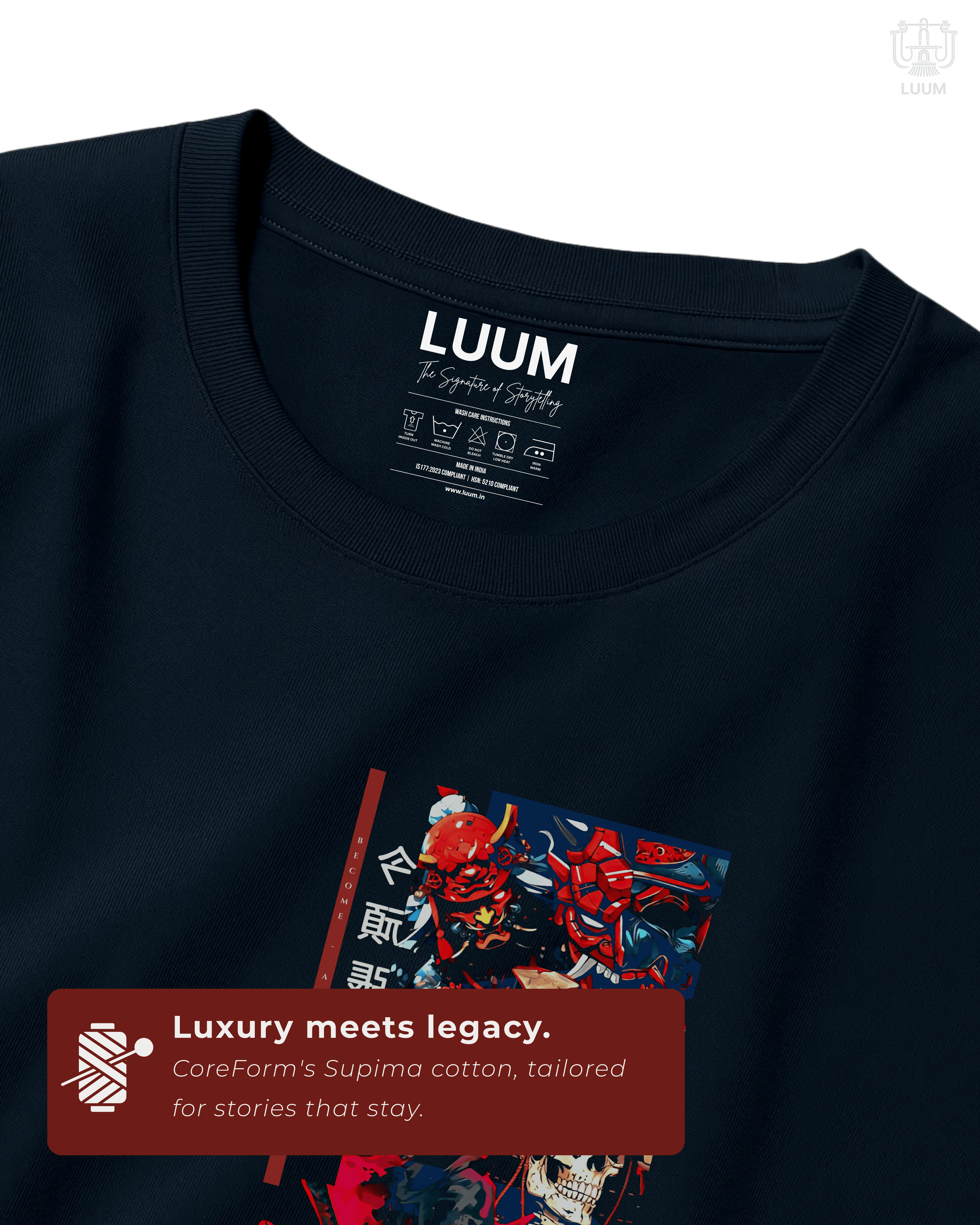 Close-up texture detail of LUUM Shogun tee showing precision print and cotton weave. Part of DailyPrints Collection. Belief. Woven and Worn.
