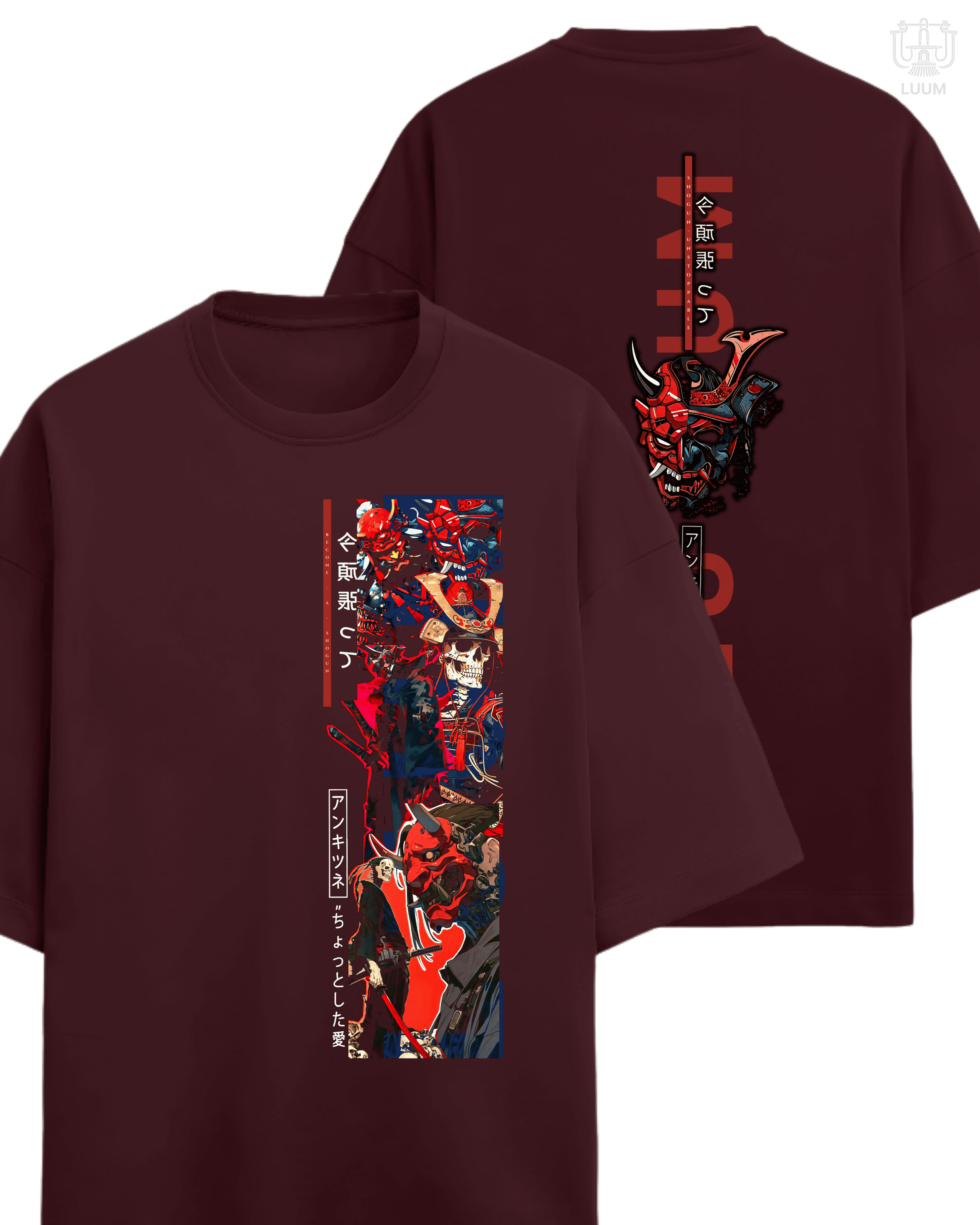LUUM Shogun tee in Maroon oversized fit, made in heavyweight 260 GSM French Terry. Part of DailyPrints Collection. Belief. Woven and Worn.