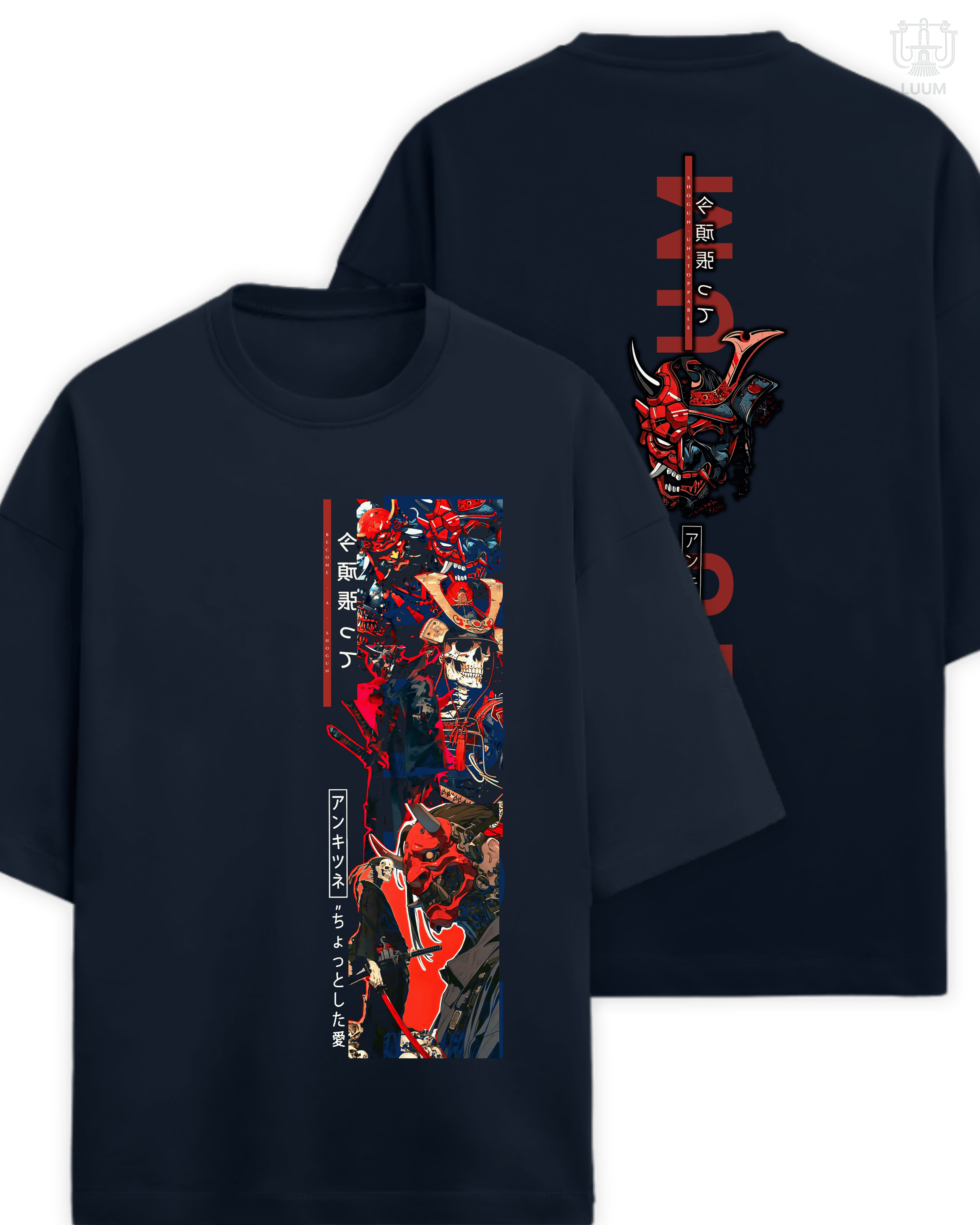 LUUM Shogun tee in Navy Blue oversized fit, made in heavyweight 260 GSM French Terry. Part of DailyPrints Collection. Belief. Woven and Worn.