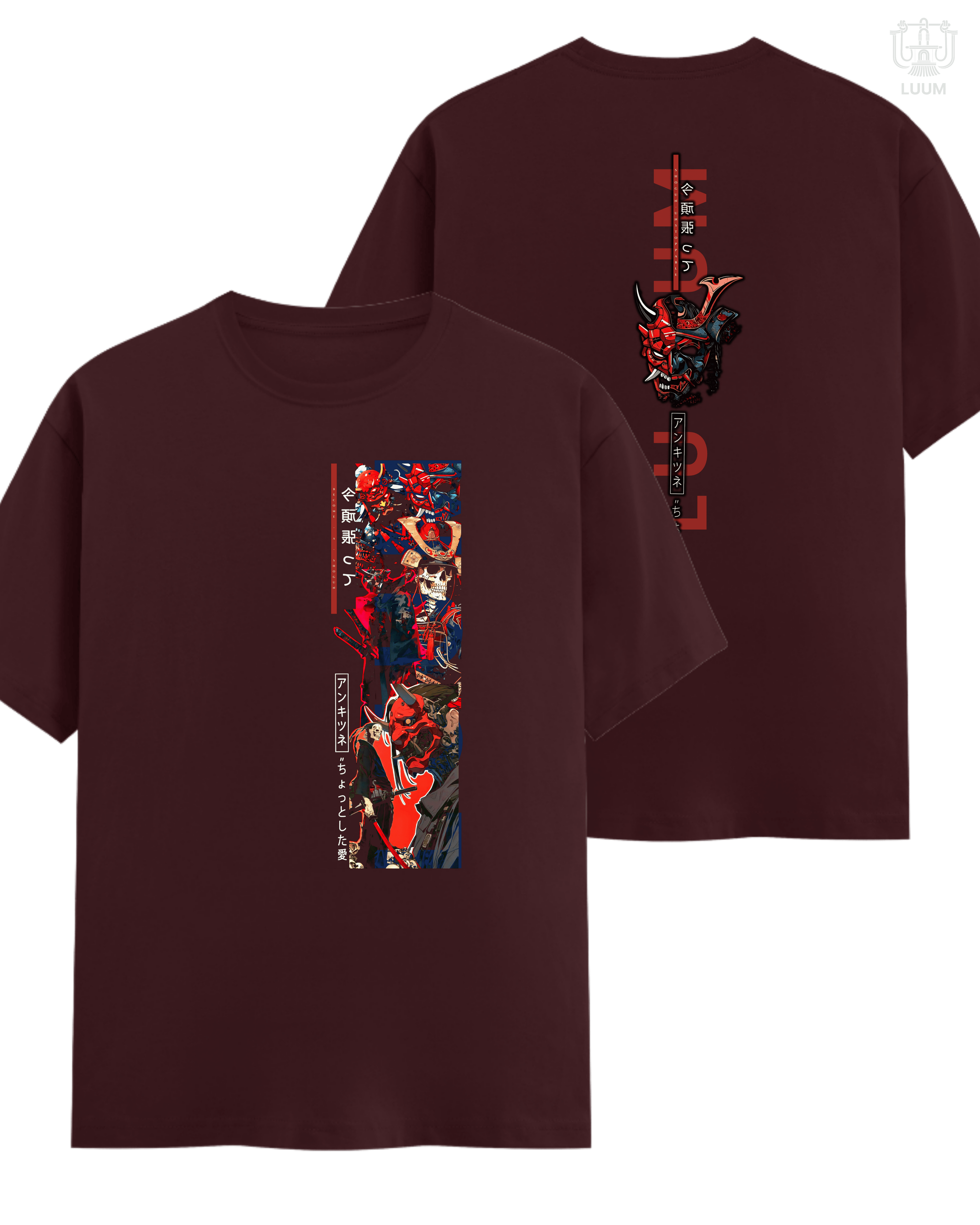 LUUM Shogun tee in Maroon regular fit, crafted in 180 GSM Supima cotton. Part of DailyPrints Collection. Belief. Woven and Worn.