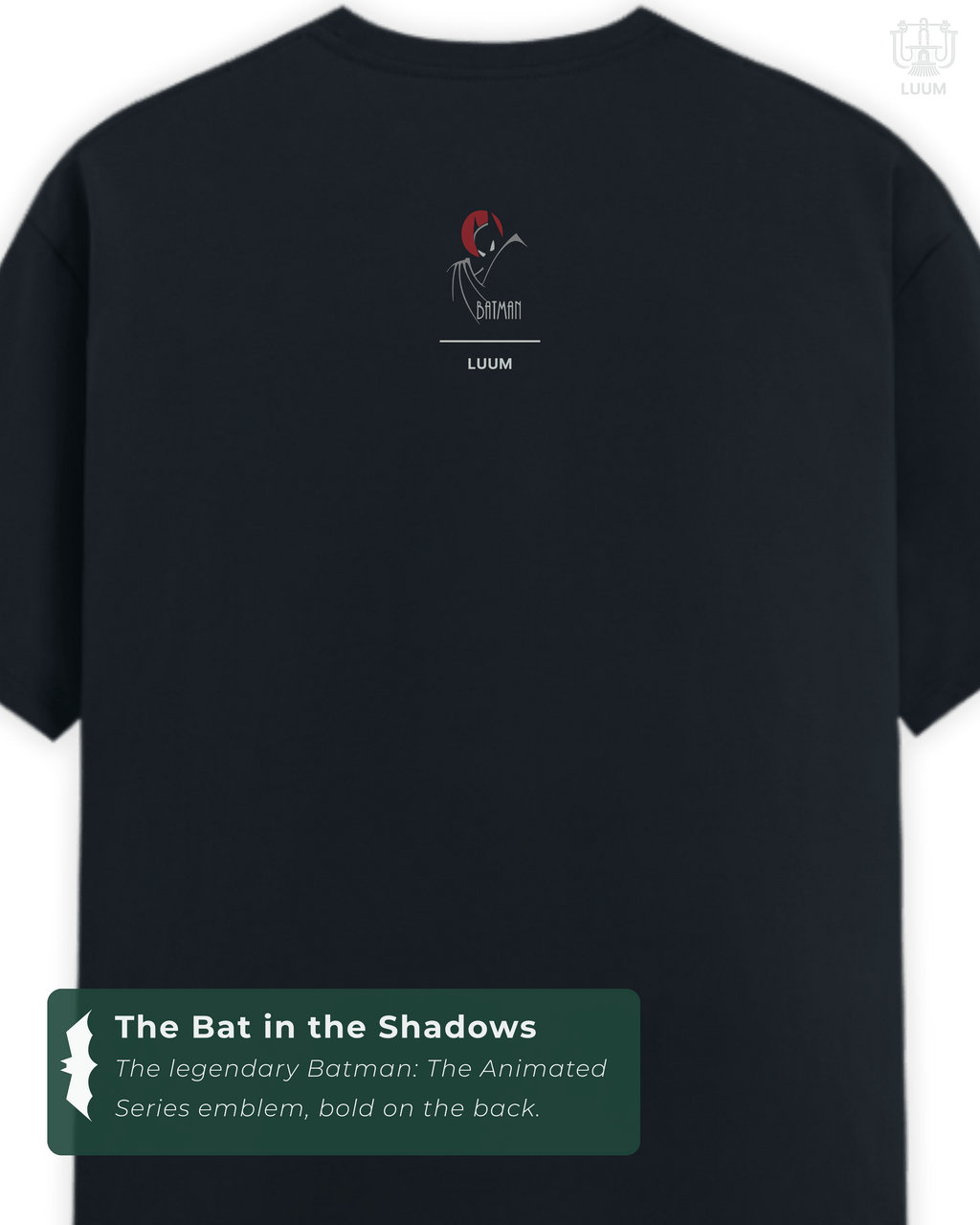 Back print of LUUM Joker t-shirt, with Batman’s looming silhouette under a red moon against Gotham’s skyline. Part of DailyPrints Collection. Belief. Woven and Worn.