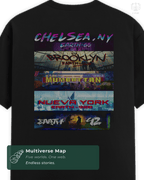 Back view of the black LUUM tee featuring multiverse city motifs from Chelsea, Brooklyn, Mumbattan, Nueva York, and Earth-42. Part of DailyPrints Collection. Belief. Woven and Worn.