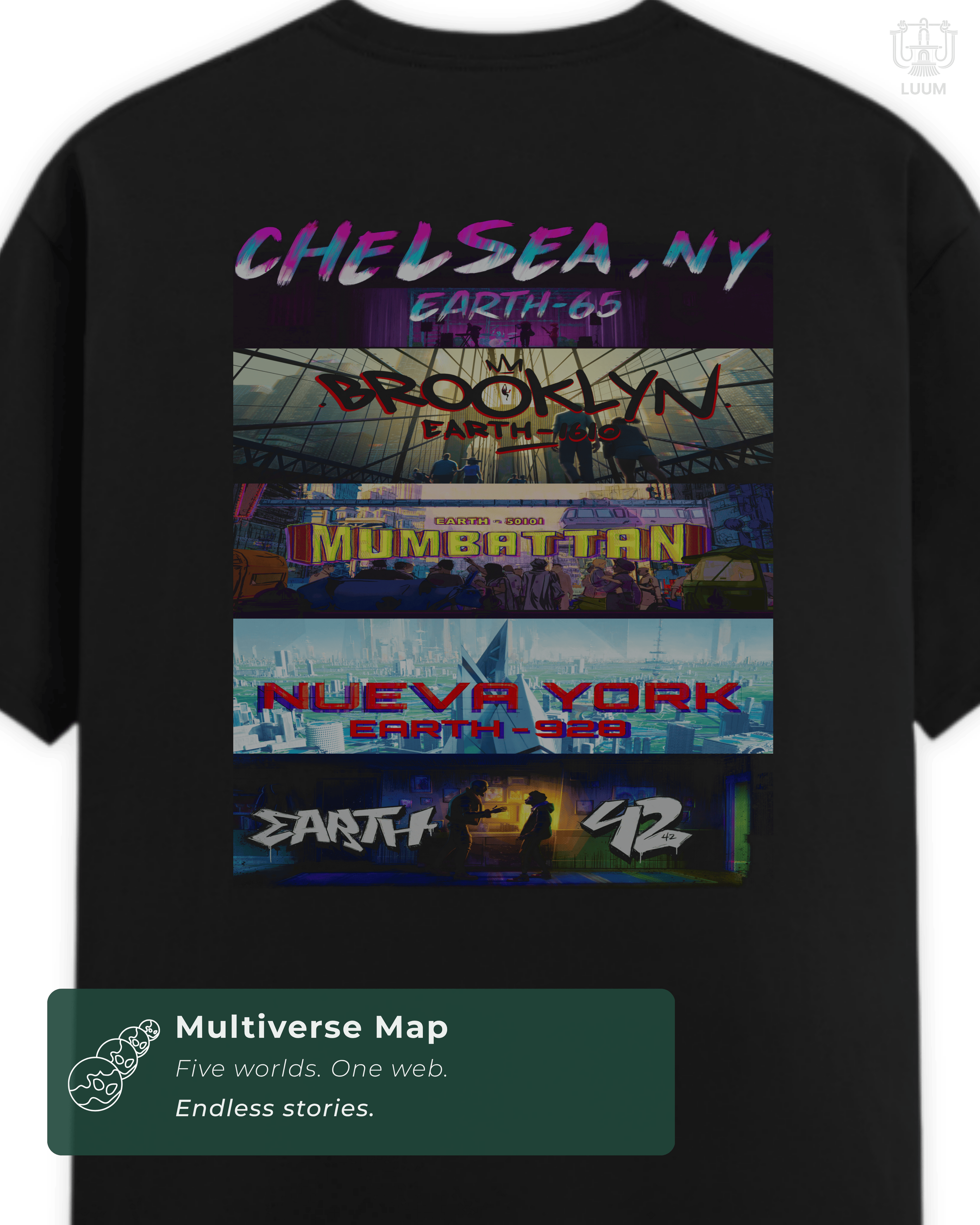 Back view of the black LUUM tee featuring multiverse city motifs from Chelsea, Brooklyn, Mumbattan, Nueva York, and Earth-42. Part of DailyPrints Collection. Belief. Woven and Worn.