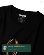 Zoomed-in texture of the LUUM DailyPrint tee showing fine Supima cotton weave and glitch detail. Part of DailyPrints Collection. Belief. Woven and Worn.