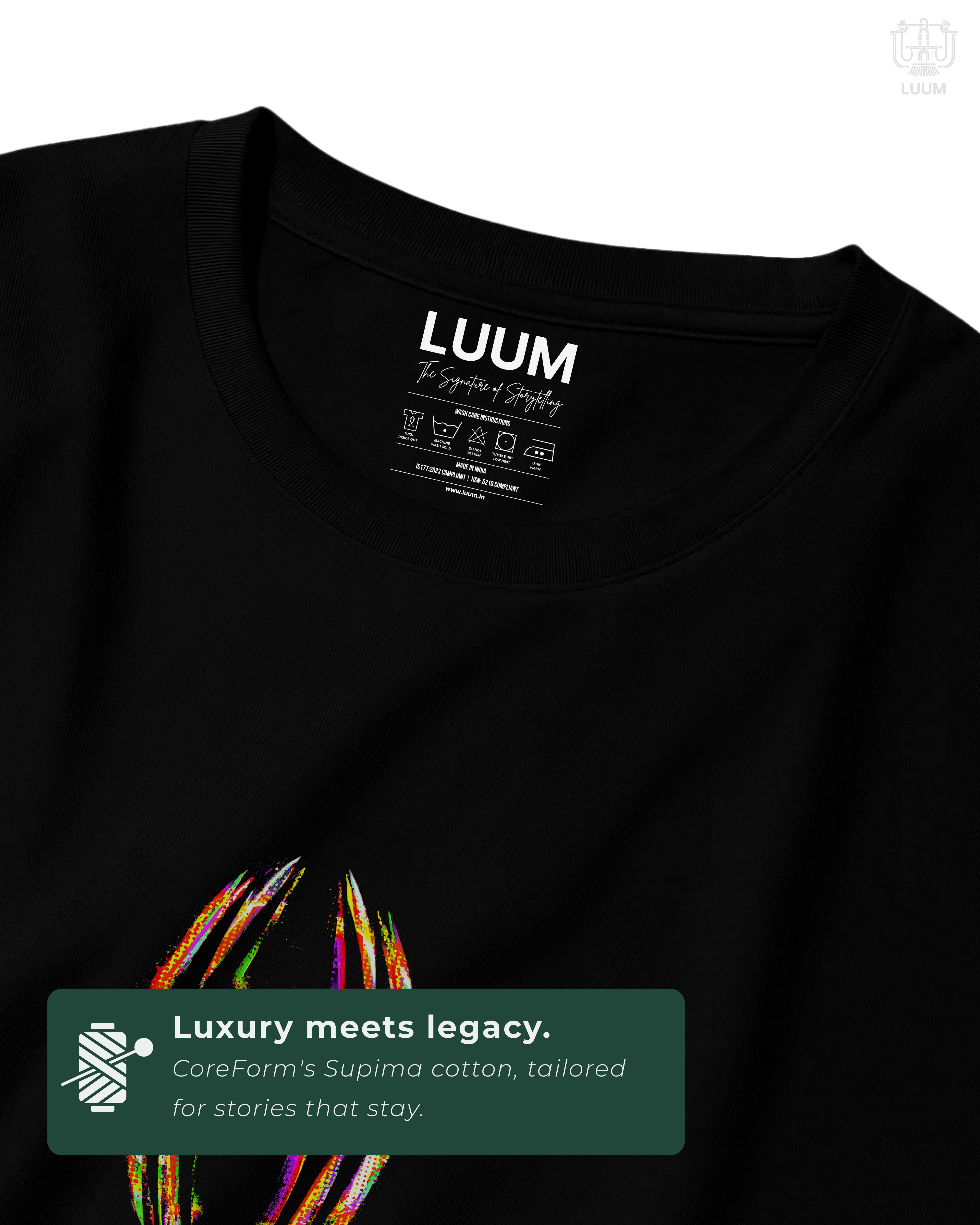 Zoomed-in texture of the LUUM DailyPrint tee showing fine Supima cotton weave and glitch detail. Part of DailyPrints Collection. Belief. Woven and Worn.
