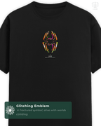Close view of the black LUUM tee front with glitched spider emblem and subtle LUUM branding. Part of DailyPrints Collection. Belief. Woven and Worn.