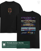 Black LUUM DailyPrint tee “Threads Across the Spiderverse” showcasing front glitch emblem and back multiverse design. Part of DailyPrints Collection. Belief. Woven and Worn.