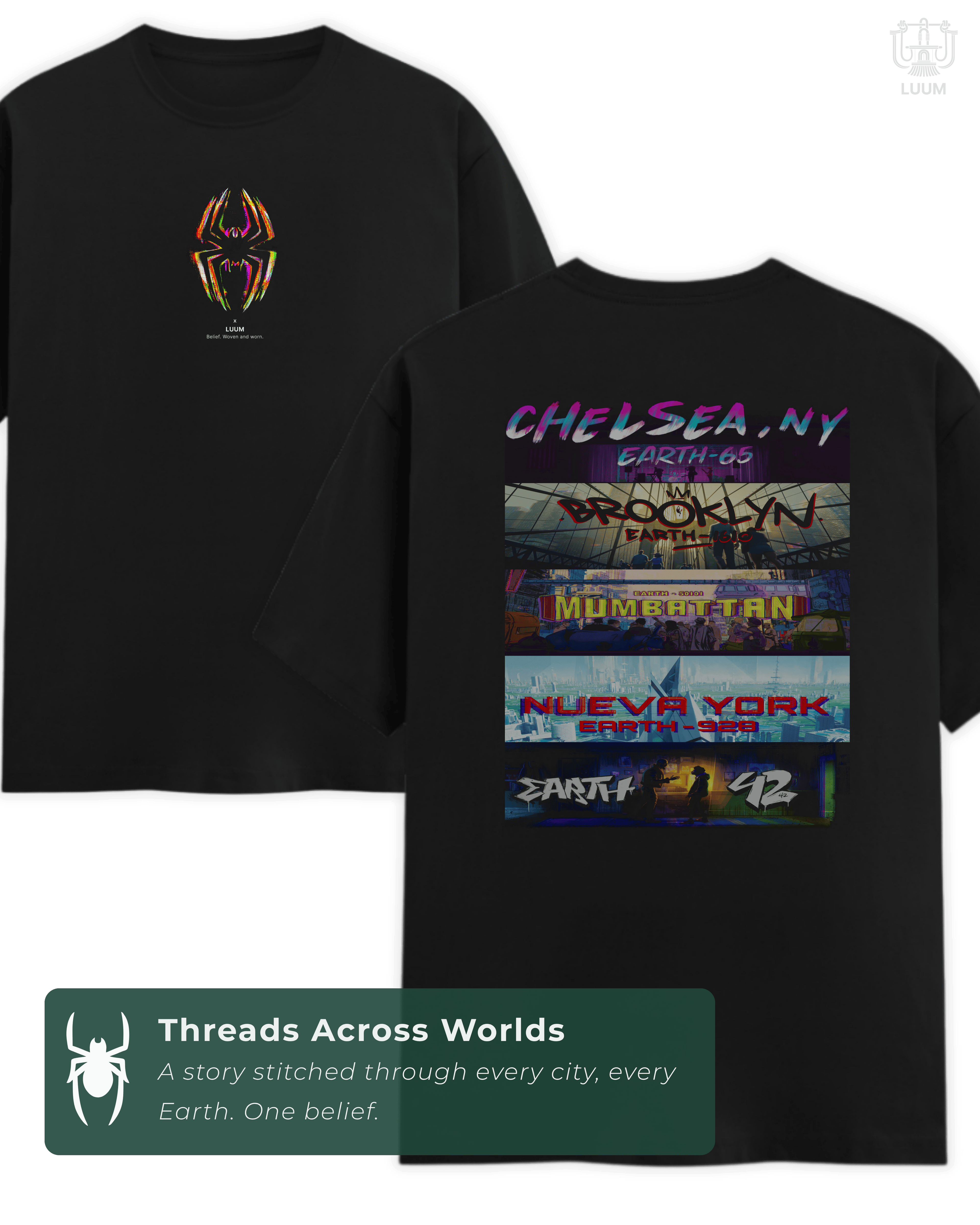 Black LUUM DailyPrint tee “Threads Across the Spiderverse” showcasing front glitch emblem and back multiverse design. Part of DailyPrints Collection. Belief. Woven and Worn.