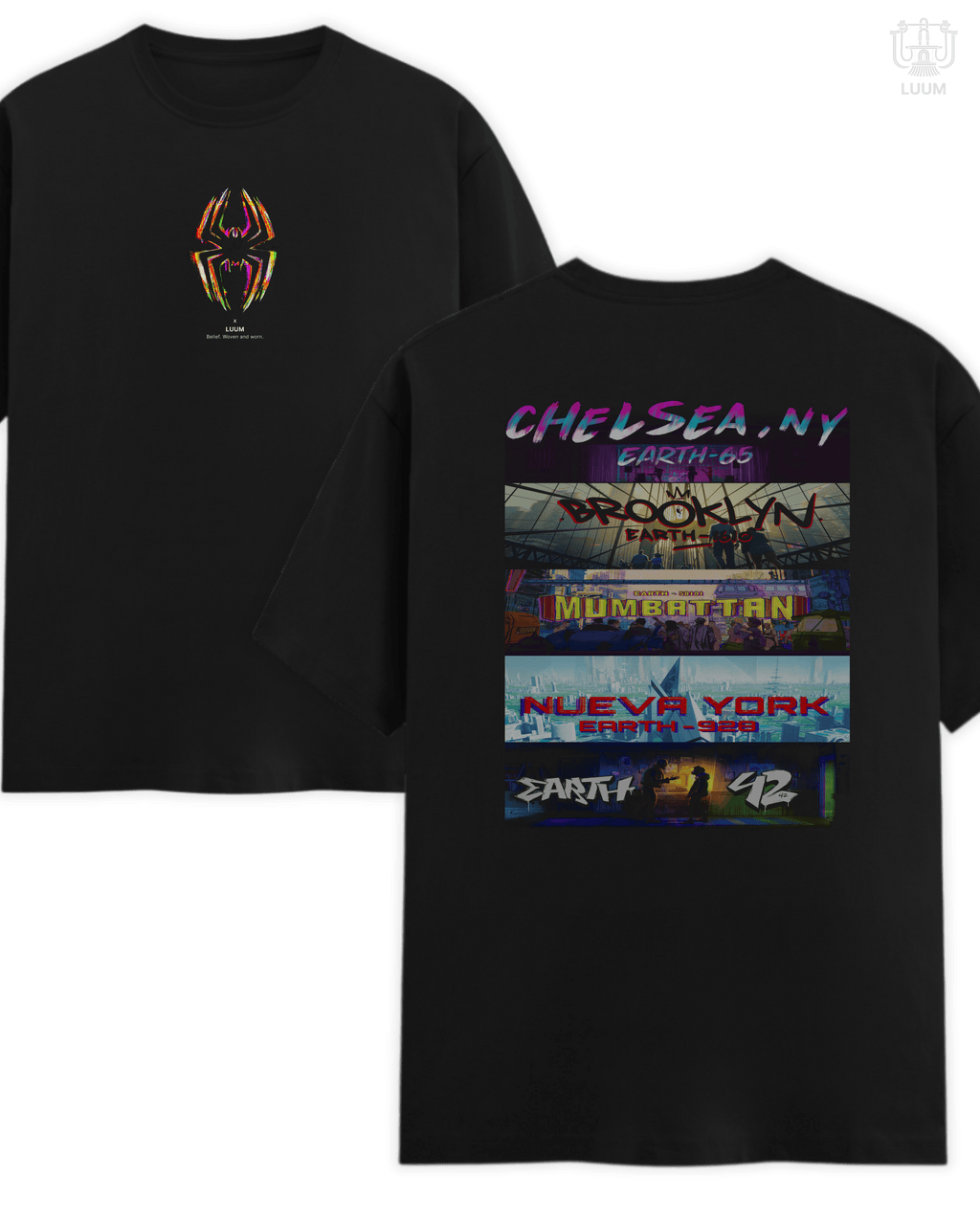 180 GSM Supima cotton regular fit black t-shirt from LUUM DailyPrint, Threads Across the Spiderverse edition. Part of DailyPrints Collection. Belief. Woven and Worn.