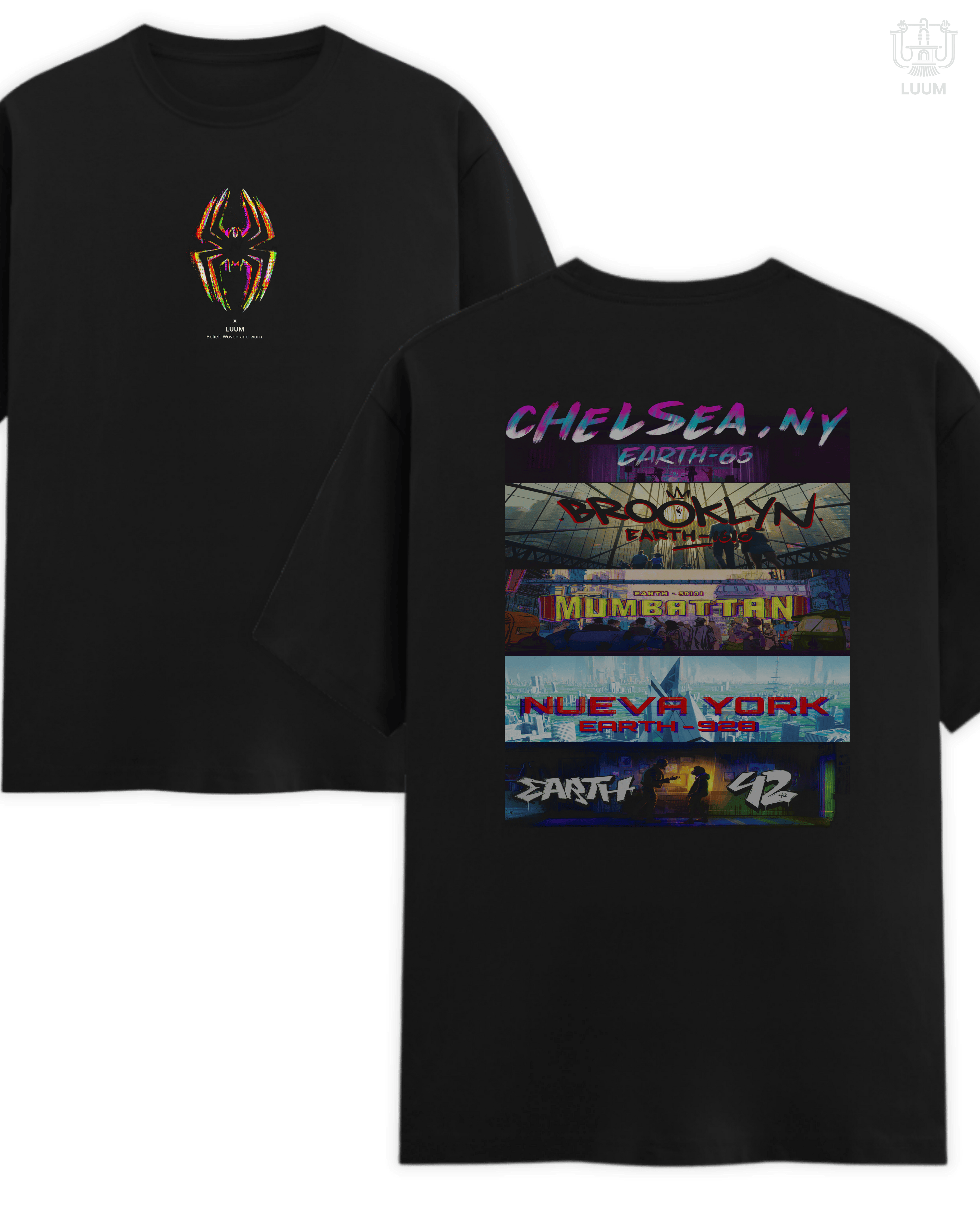 180 GSM Supima cotton regular fit black t-shirt from LUUM DailyPrint, Threads Across the Spiderverse edition. Part of DailyPrints Collection. Belief. Woven and Worn.