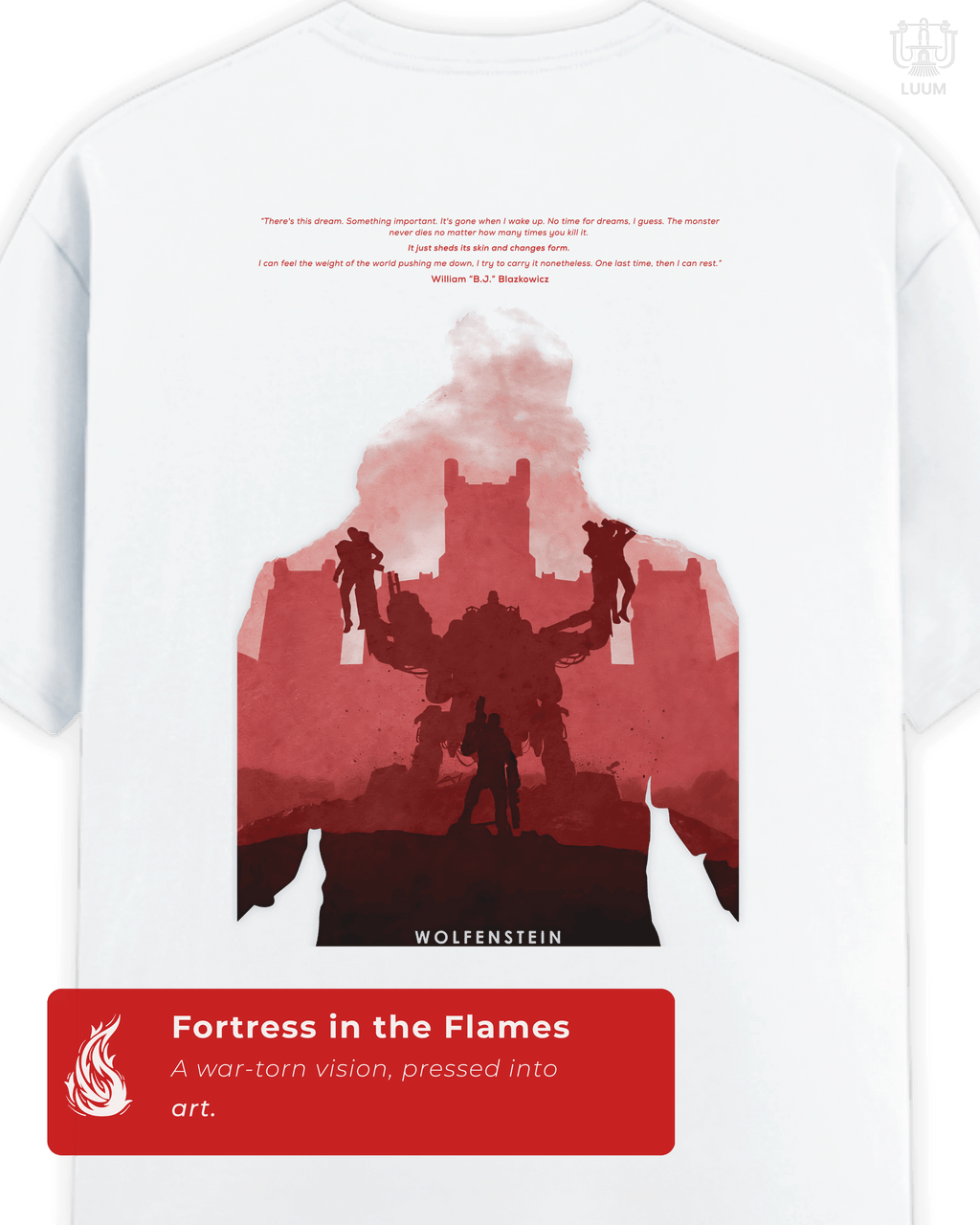 Detailed view of the Wolfenstein: Last Stand back artwork on the white tee, featuring a crimson fortress silhouette with a lone figure facing mechanized enemies. Part of DailyPrints Collection. Belief. Woven and Worn.