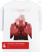 Detailed view of the Wolfenstein: Last Stand back artwork on the white tee, featuring a crimson fortress silhouette with a lone figure facing mechanized enemies. Part of DailyPrints Collection. Belief. Woven and Worn.