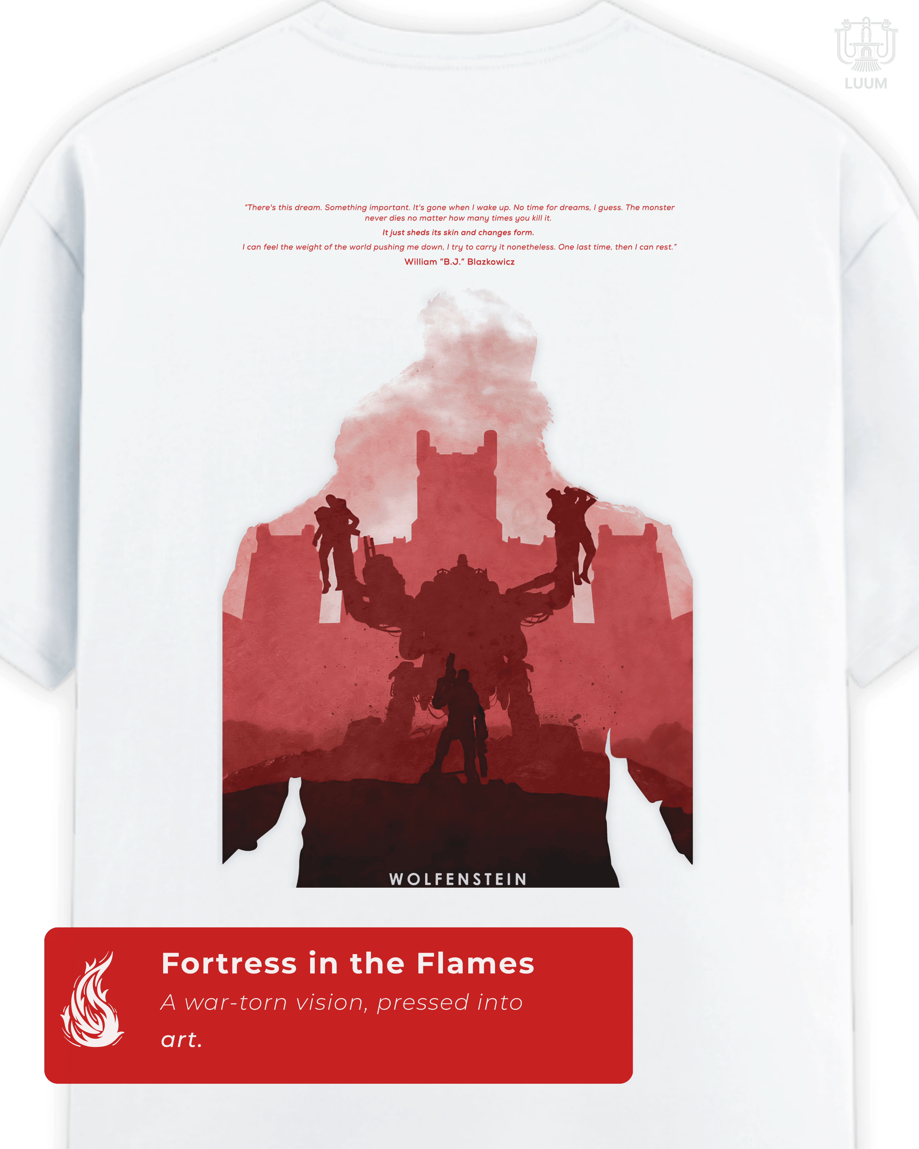 Detailed view of the Wolfenstein: Last Stand back artwork on the white tee, featuring a crimson fortress silhouette with a lone figure facing mechanized enemies. Part of DailyPrints Collection. Belief. Woven and Worn.
