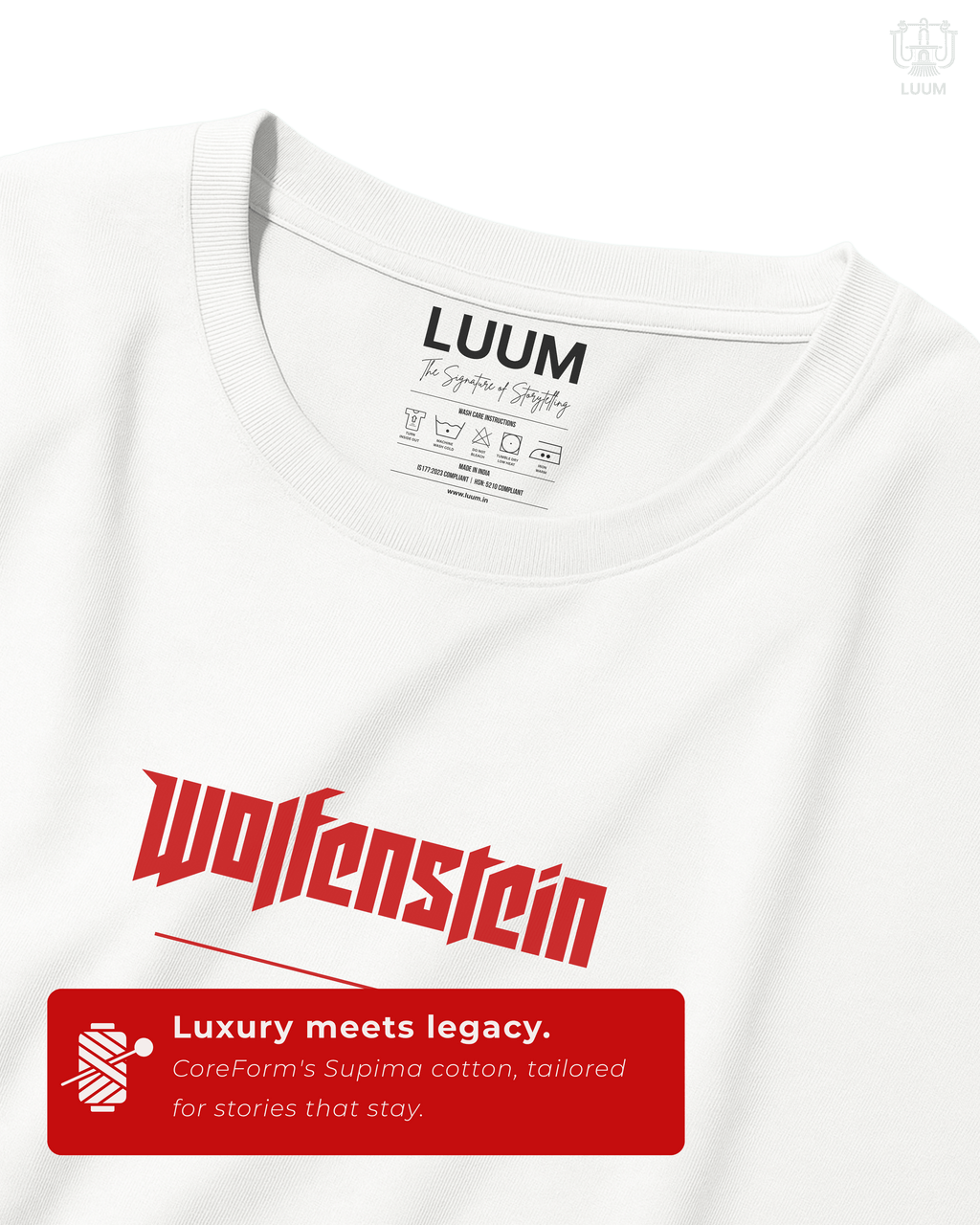 Closeup of the Wolfenstein: Last Stand t-shirt fabric and LUUM neck label, highlighting Supima cotton quality and fine print detail. Part of DailyPrints Collection. Belief. Woven and Worn.