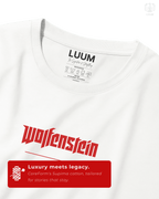 Closeup of the Wolfenstein: Last Stand t-shirt fabric and LUUM neck label, highlighting Supima cotton quality and fine print detail. Part of DailyPrints Collection. Belief. Woven and Worn.