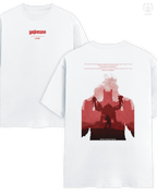 Front and back view of LUUM's  Wolfenstein: Last Stand t-shirt in white, featuring the Wolfenstein logo on the chest and cinematic fortress silhouette artwork on the back. Part of DailyPrints Collection. Belief. Woven and Worn.