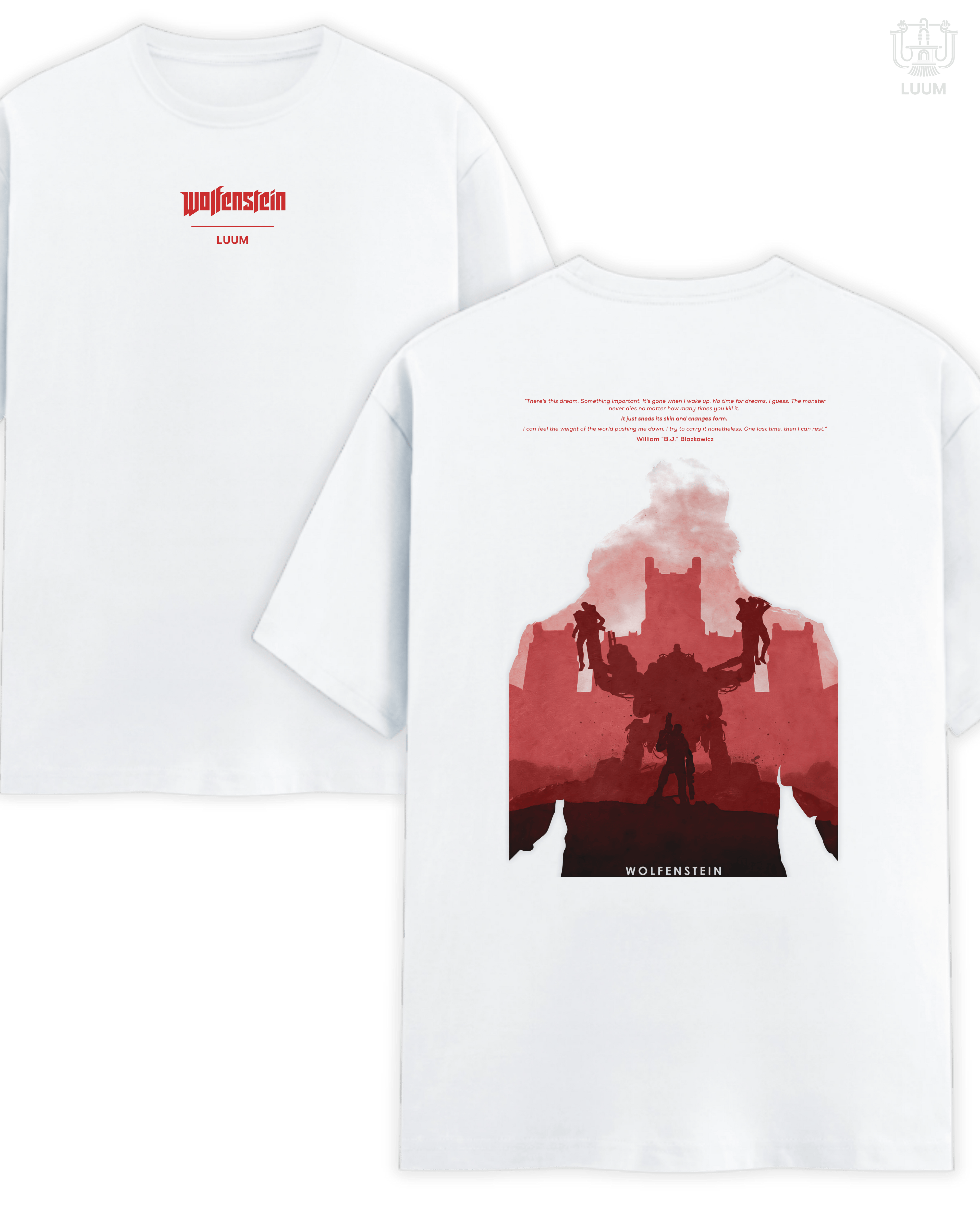 Front and back view of LUUM's  Wolfenstein: Last Stand t-shirt in white, featuring the Wolfenstein logo on the chest and cinematic fortress silhouette artwork on the back. Part of DailyPrints Collection. Belief. Woven and Worn.
